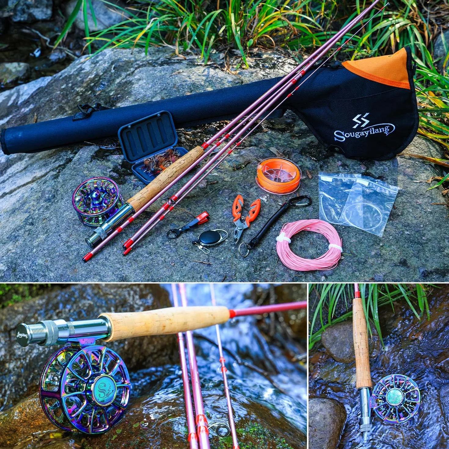 Sougayilang Ensemble canne à pêche à la mouche et moulinet, 4 pièces ultra poids portable et moulinet en aluminium usiné CNC avec sac de canne à pêche