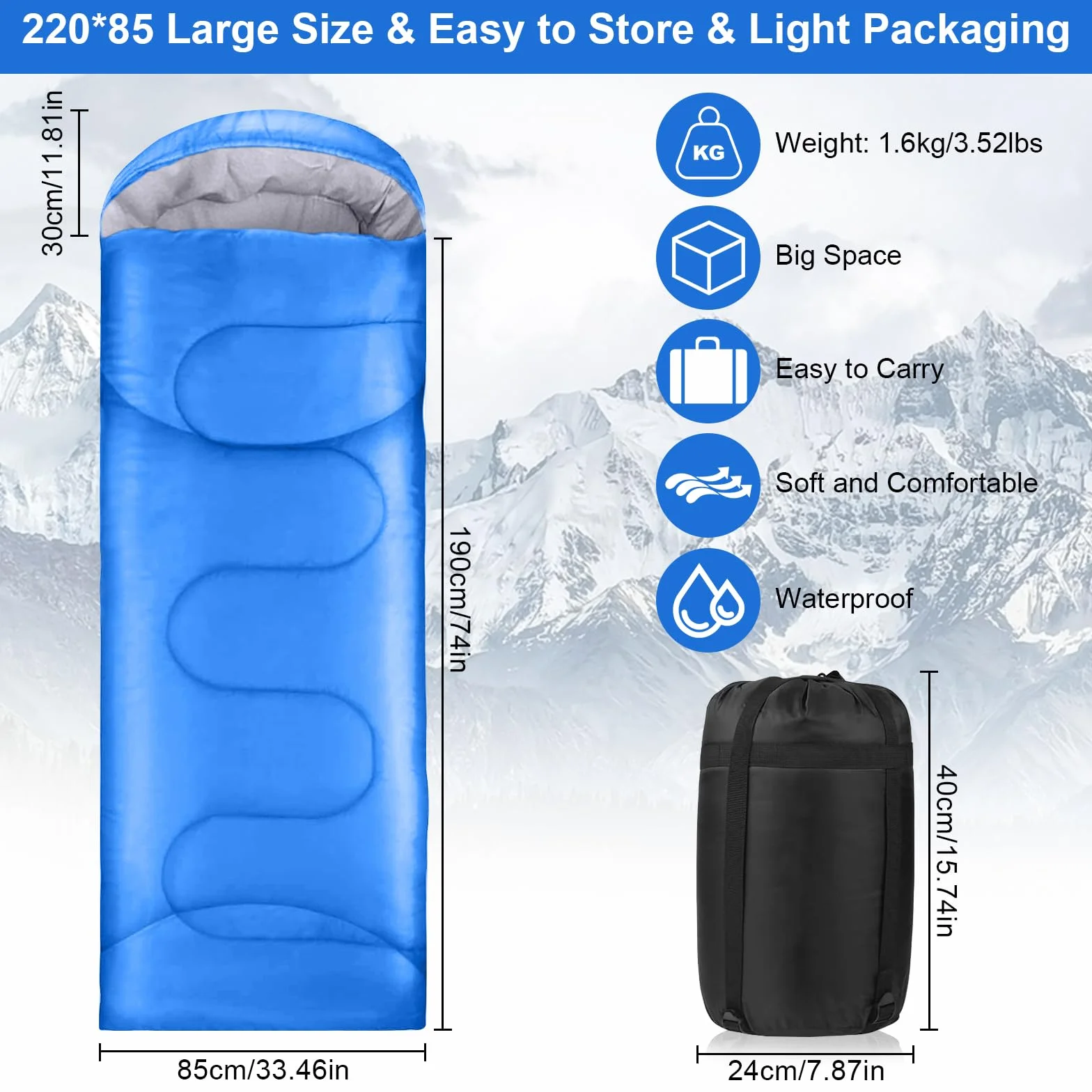 Sac de Couchage Adulte Enfant pour 3-4 Saisons, Imperméable et Compact, Adapté pour l'intérieur et l'extérieur, Camping et Randonnée