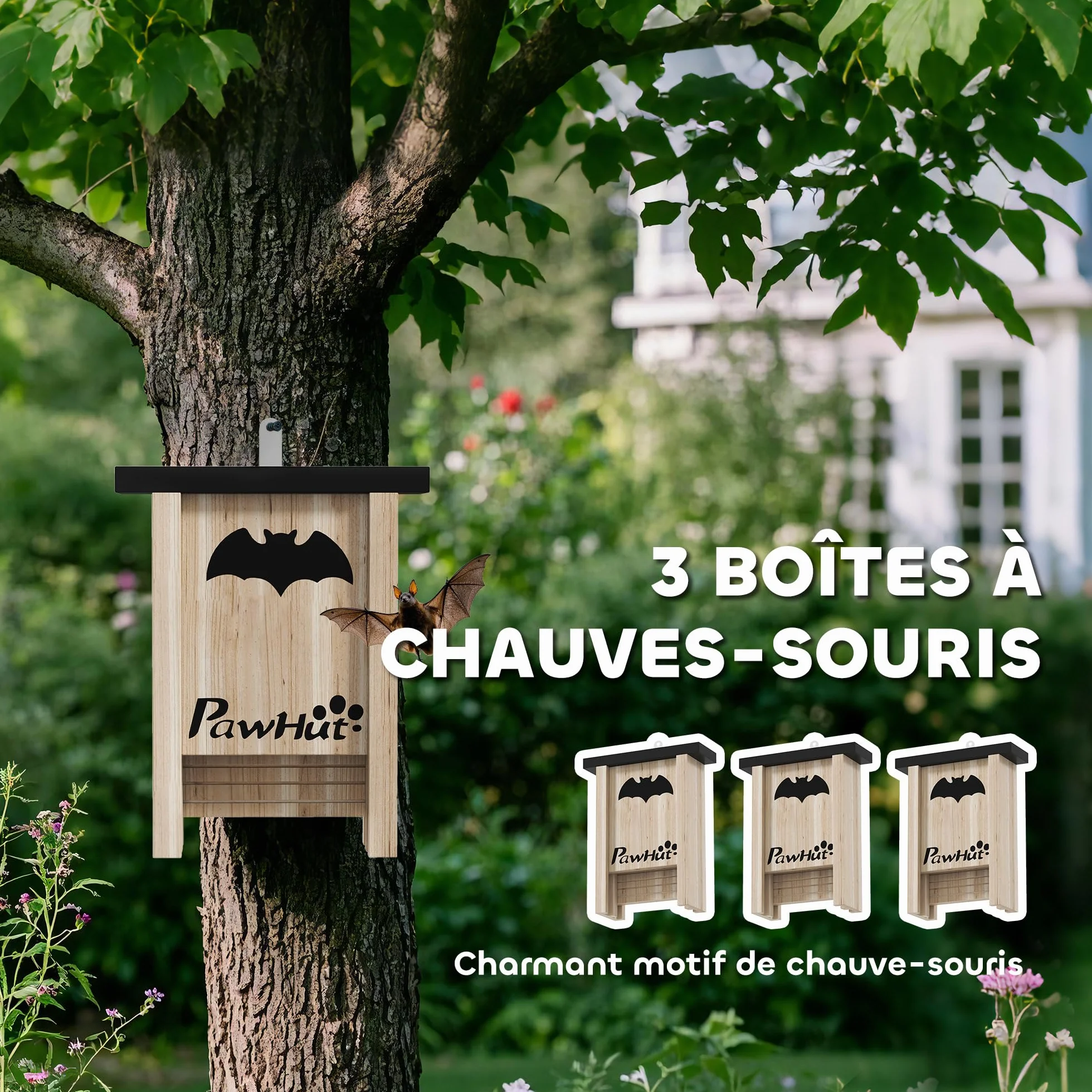 PawHut Nichoir Chauve-Souris Ensemble de Trois Boîtes avec Crochet Bois Massif 18 x 6 x 22,5 cm