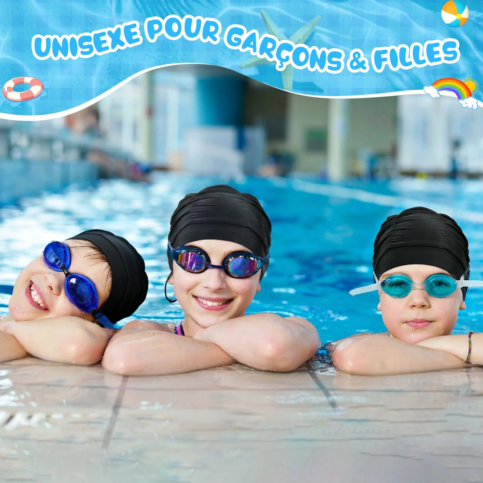 Kiiwah 2 Pièces Bonnet de Bain Enfant, Bonnet de Piscine en Tissu Plissé Extensible pour Cheveux Longs et Courts