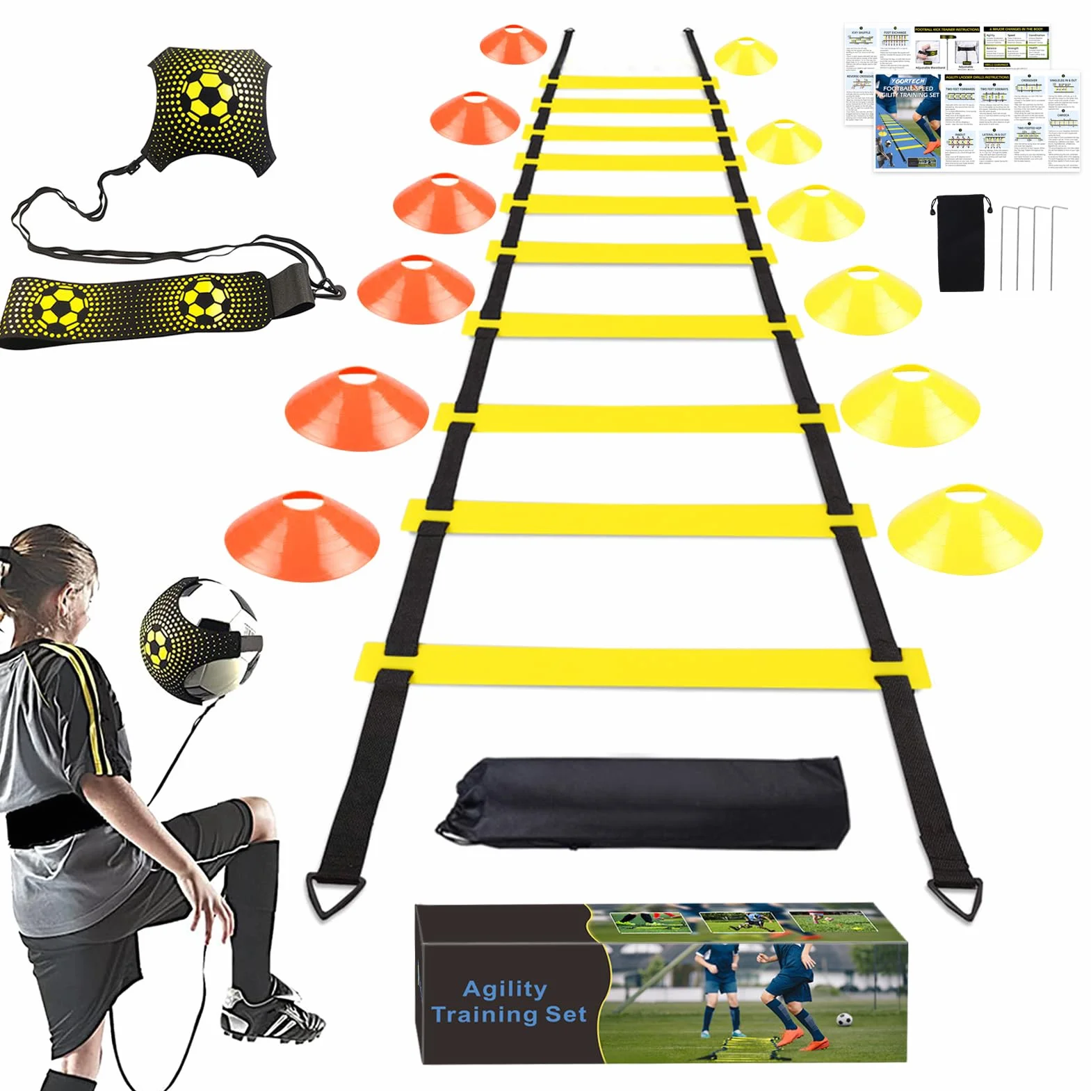 Football Entrainement Kit, Échelle de Rythme 6 Mètres, Football Kick Entraîneur Solo Entraînement, 12 Cônes de Disque, Ensemble d'entraînement de vitesse et d'agilité pour Enfants et Adultes