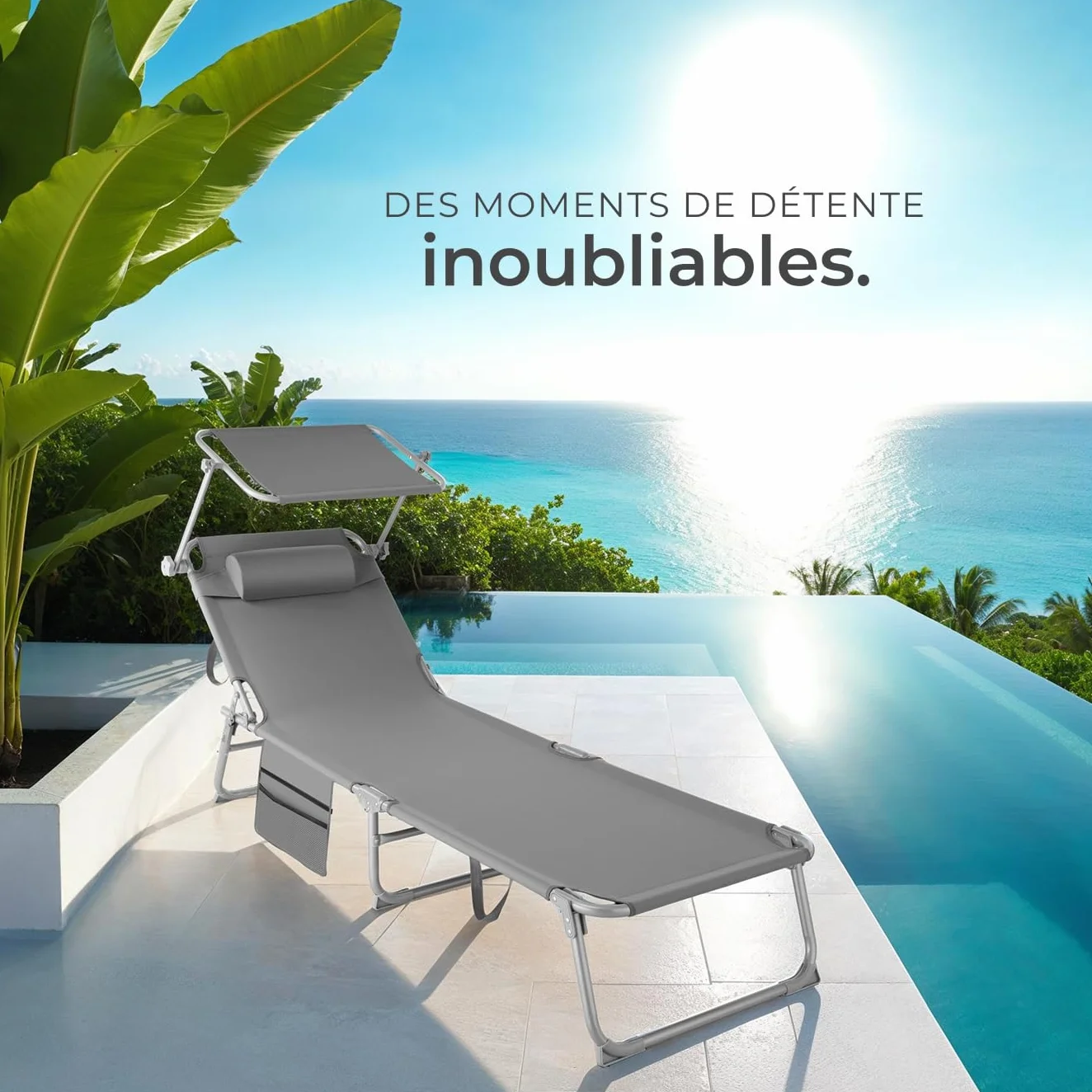 tectake Chaise Longue Pliante Bain de Soleil Jardin Exterieur avec Pare Soleil Appuie-tête Pochette