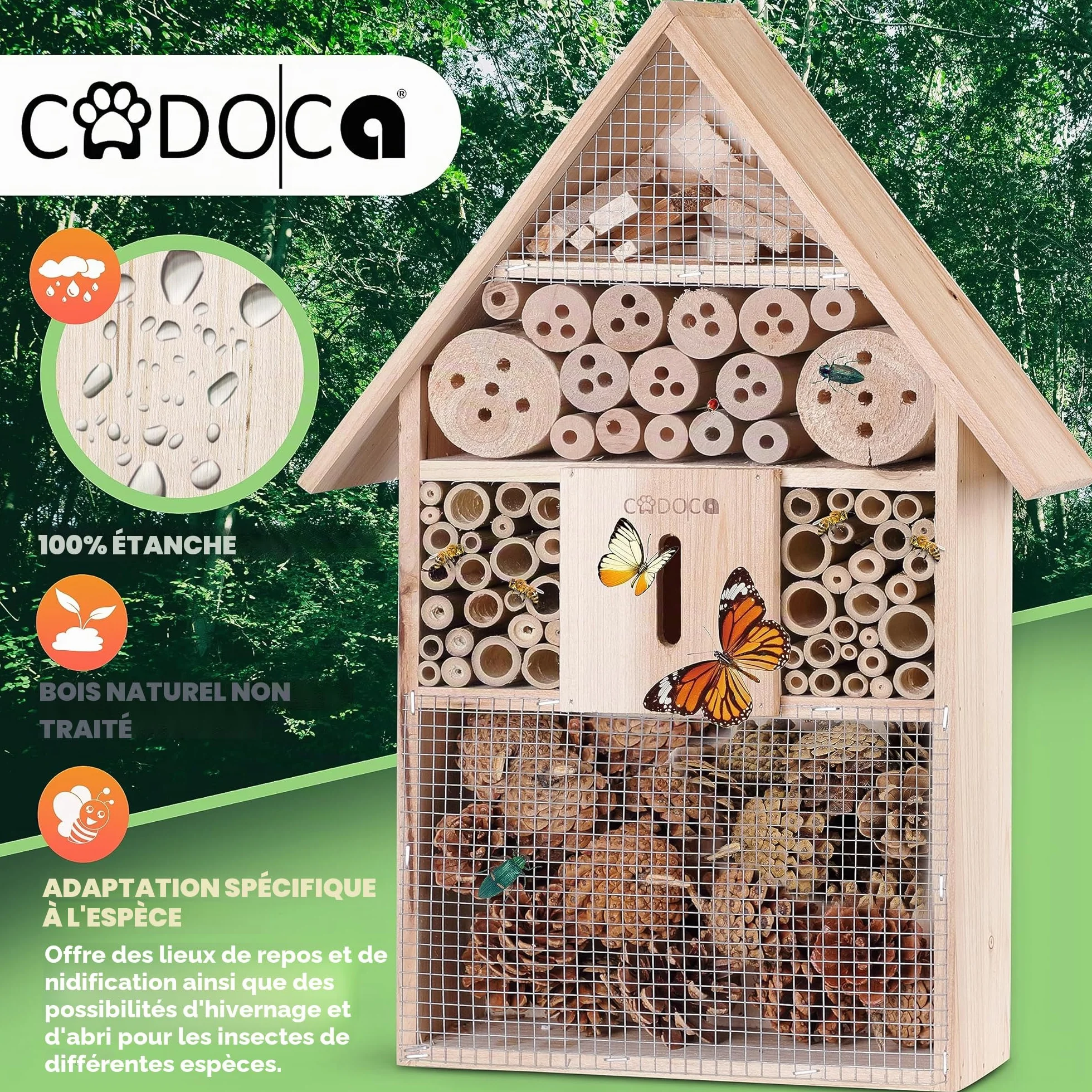 Hôtel à Insectes XXL en Bois Naturel 48x31x10 cm Maisonnette abri Refuge pour Abeille Coccinelle Papillon