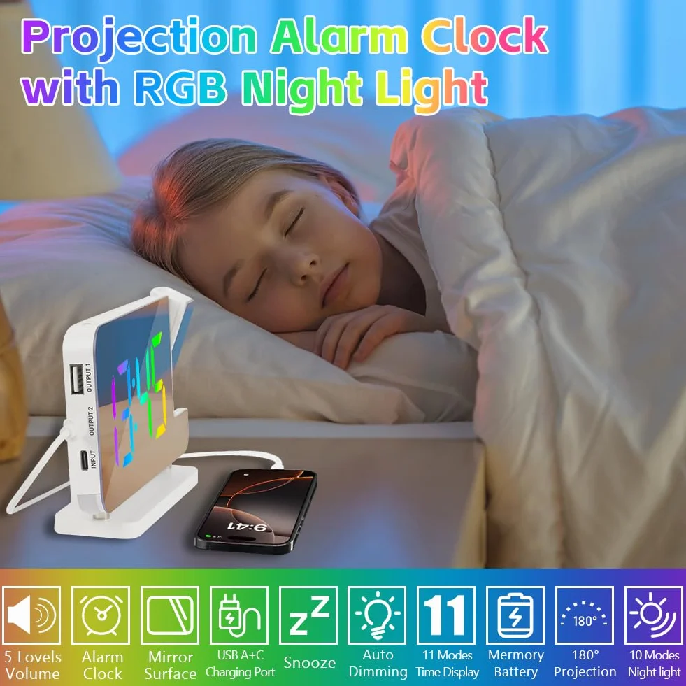 Réveil à Projection LED avec Charge USB, Rotation 180°, 11 Couleurs RVB & 10 Couleurs Veilleuse pour Chambre, Bureau (Blanc)