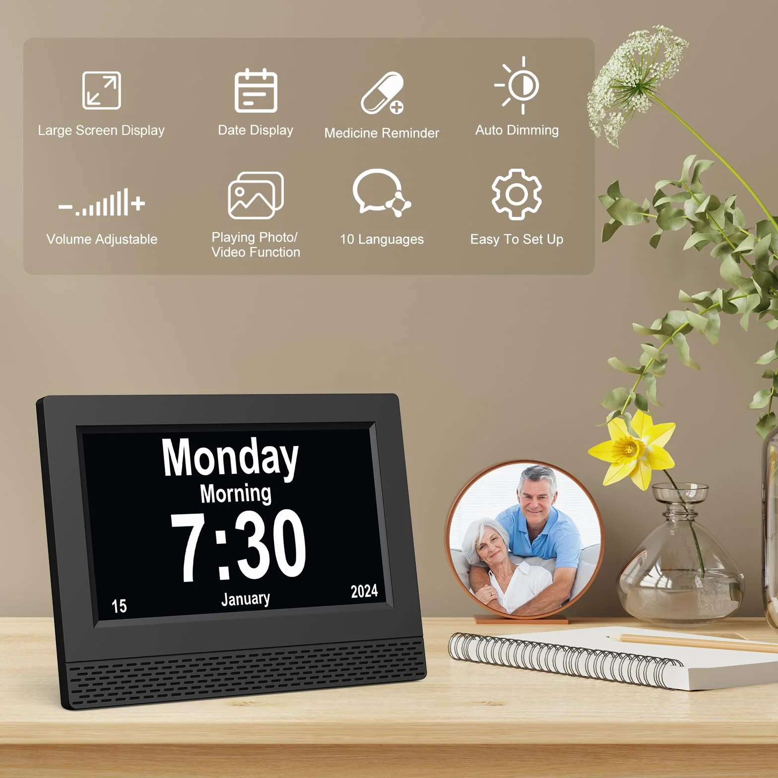 SENXINGYAN Horloge Numérique 7 Pouce LCD Auto Dimming 10 Langues Date Jour Heure Non-Abrégée Noir