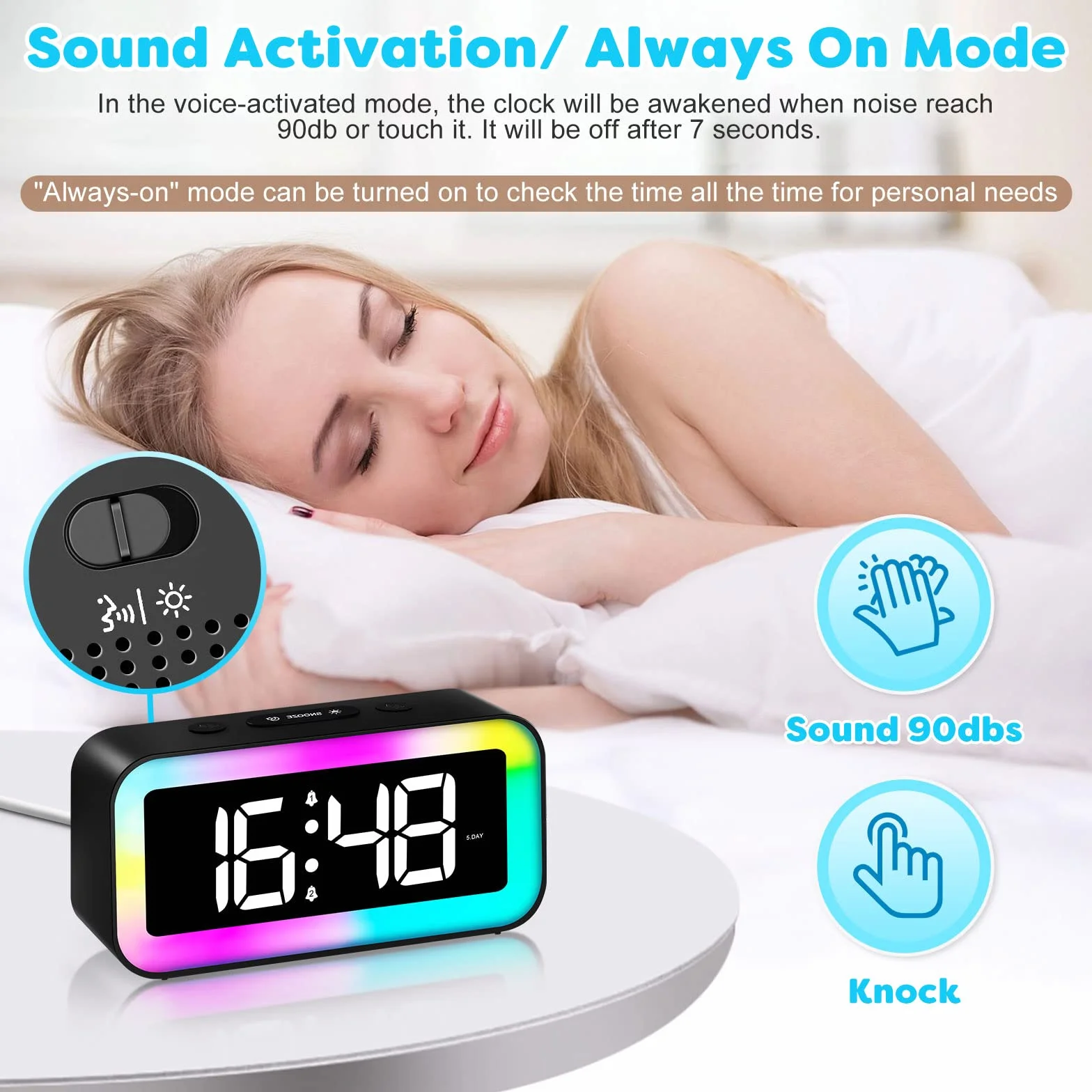 MOSUO Réveil Numérique Enfant avec Veilleuse LED 7 Couleurs, Alarme 2 Modes, Luminosité Réglable, Snooze, Commande Vocale, 12/24H, Port USB