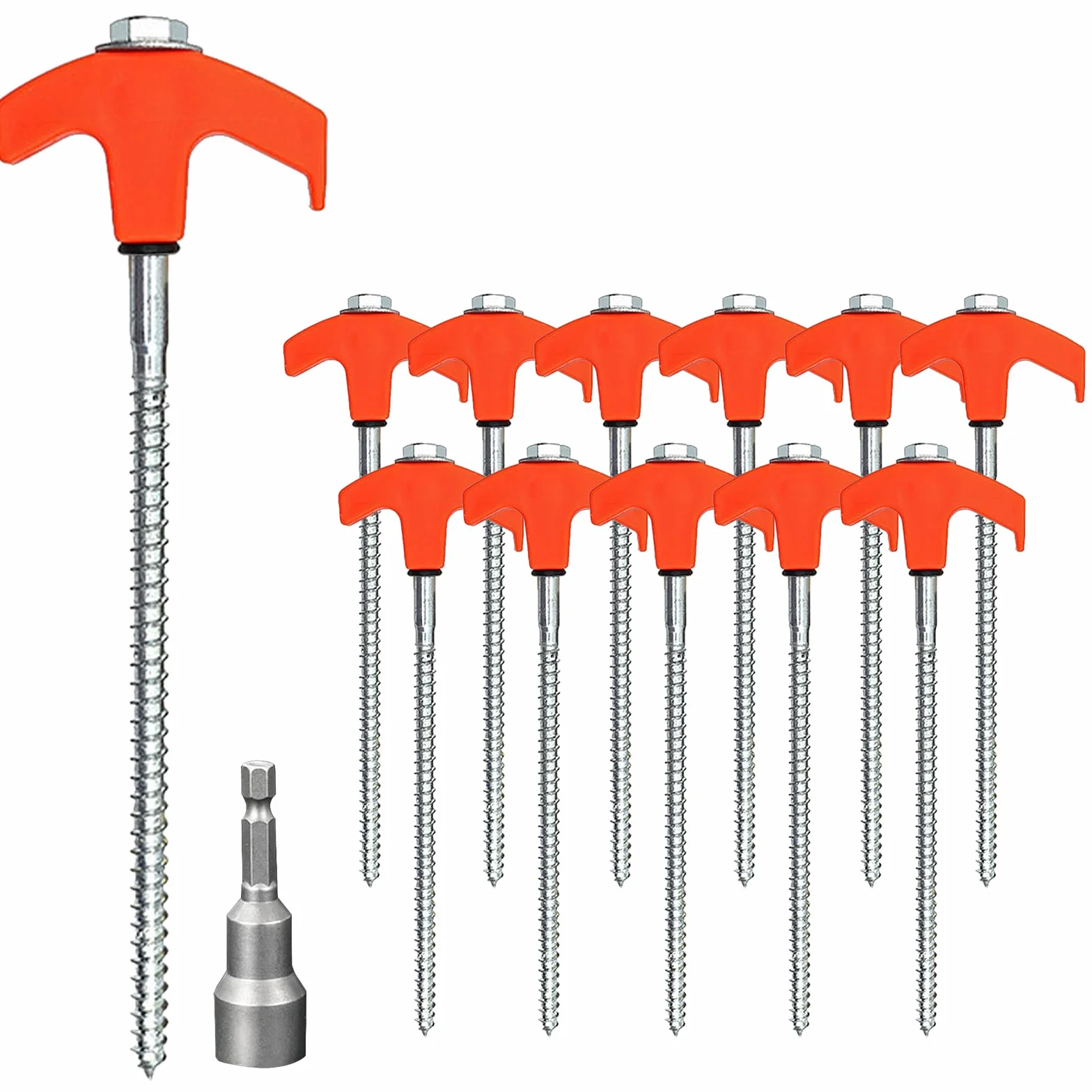 Sardines pour Tente, 12 PCS Piquets de Tente, 1 Douille Hexagonale, Métal Sardines Camping, Piquet en Acier avec Filetage, Résistants pour Camping, Randonnée et Plage (Orange)