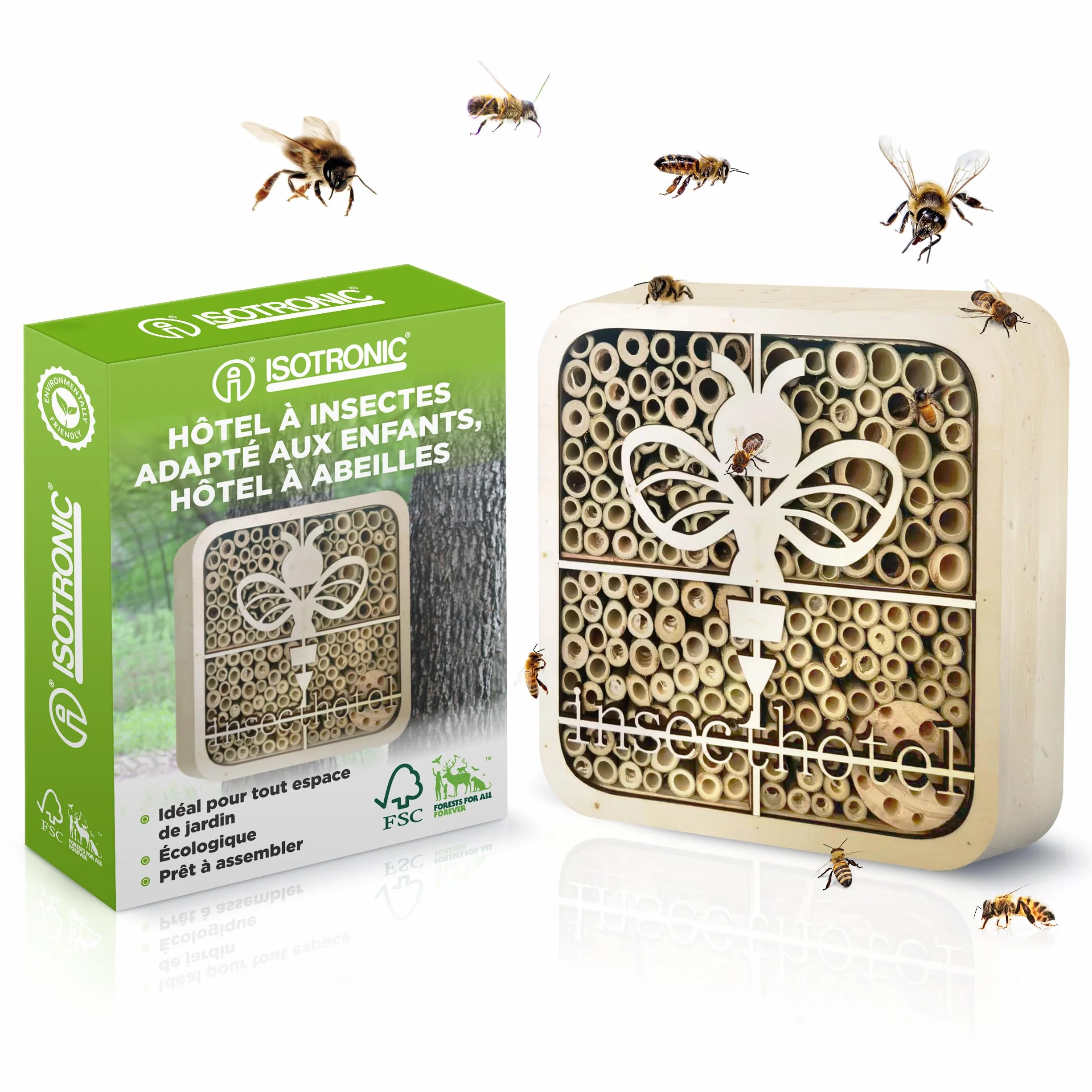ISOTRONIC Hôtel à Insectes en Bois Naturel – Maison pour Abeilles et Coccinelles avec Abri en Bambou Design Moderne