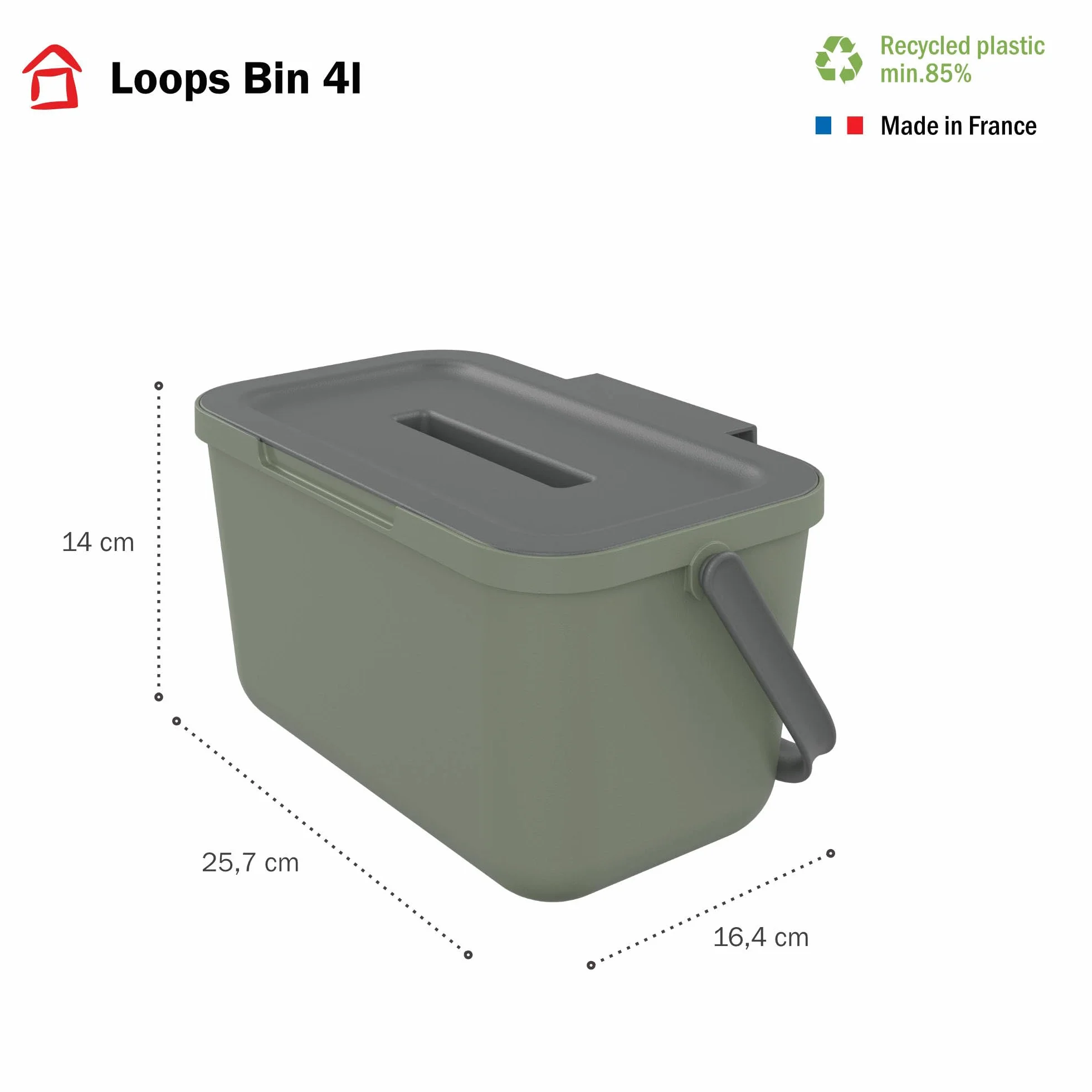 Poubelle de tri sélectif d'intérieur 4L rectangulaire SUNDIS Loops en plastique recyclé vert avec couvercle
