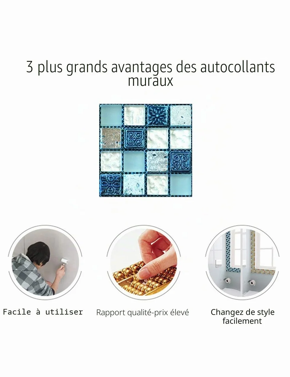Autocollant Carreau Auto-Adhésif Fond D'écran Résistant à la Chaleur Étanche Dosseret Cuisine Salle de Bâton Mosaïque Bleu 10x10 cm