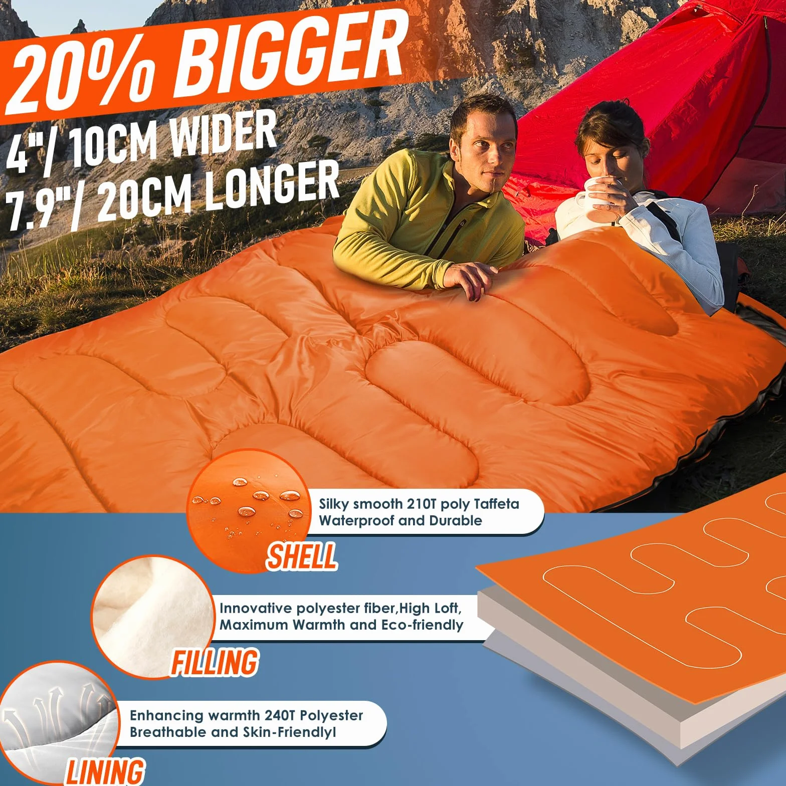 MEREZA Sac de couchage XL pour homme - Sac de couchage double pour adulte - Grand sac de couchage pour camping - Grand sac de couchage pour 2 personnes - King size - Chaud et froid