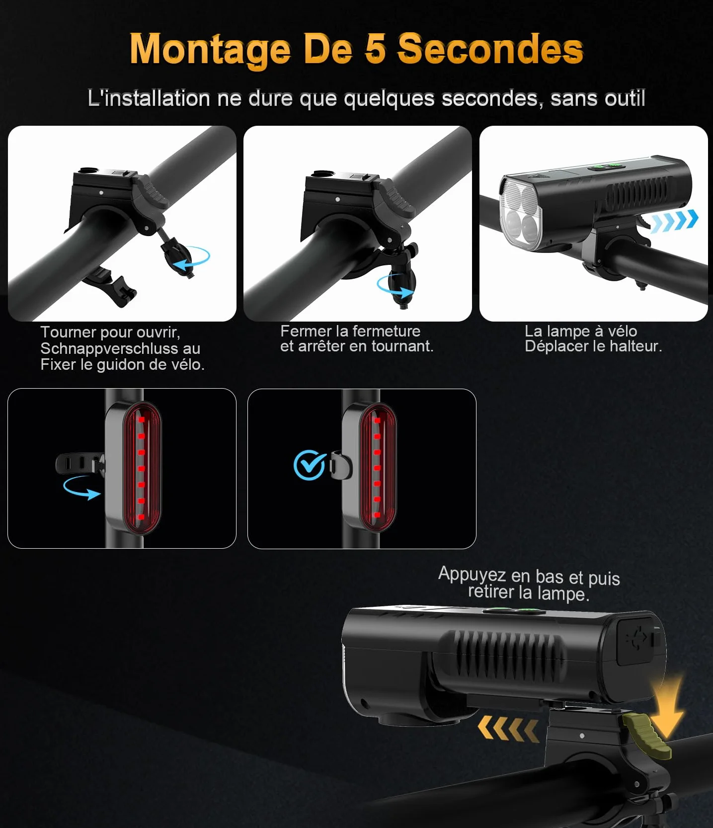100% Super Lumiere Velo Avant et Arriere: 【Nouvelle Version 130% Plus Lumineuse】 4400mAh Lampe Velo 3+8 Modes Éclairage & IPX6 Étanche, Lampe Velo LED puissantes pour Camping Randonnée