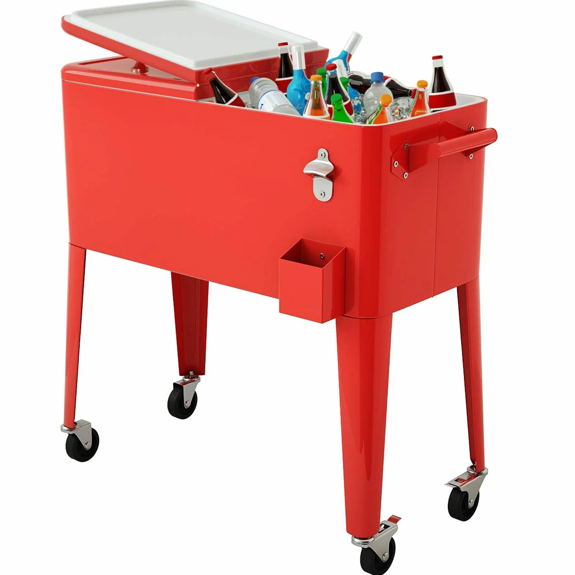 GOPLUS Chariot de Glacière 76 L sur roulettes, Desserte Jardin 4 Roulettes, pour Terrasse, Pique-Nique, 91x48x87cm Rouge