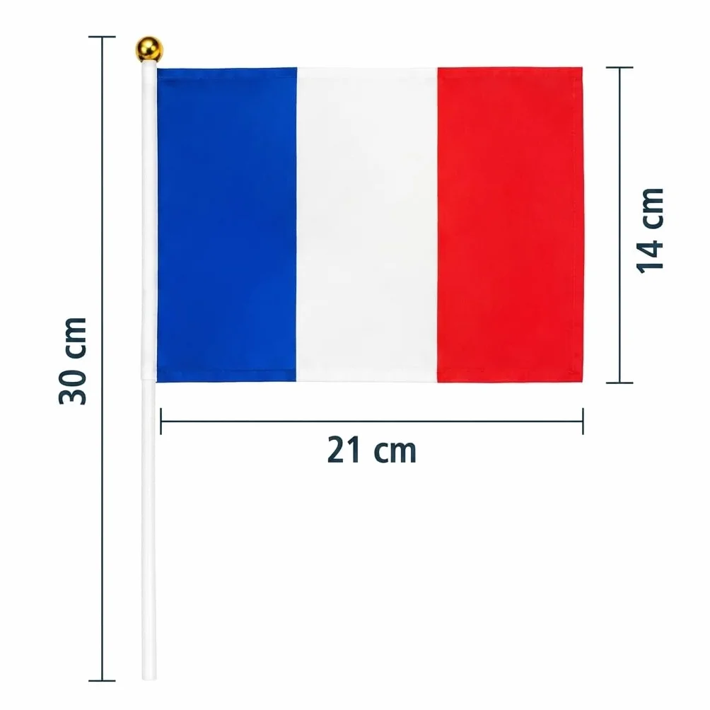 Kit 10 Pièces Petits Drapeaux France 14x21 cm avec Bâton Plastique 30 cm + 2 Feuilles de Tatouages – Drapeau Français Supporter Football