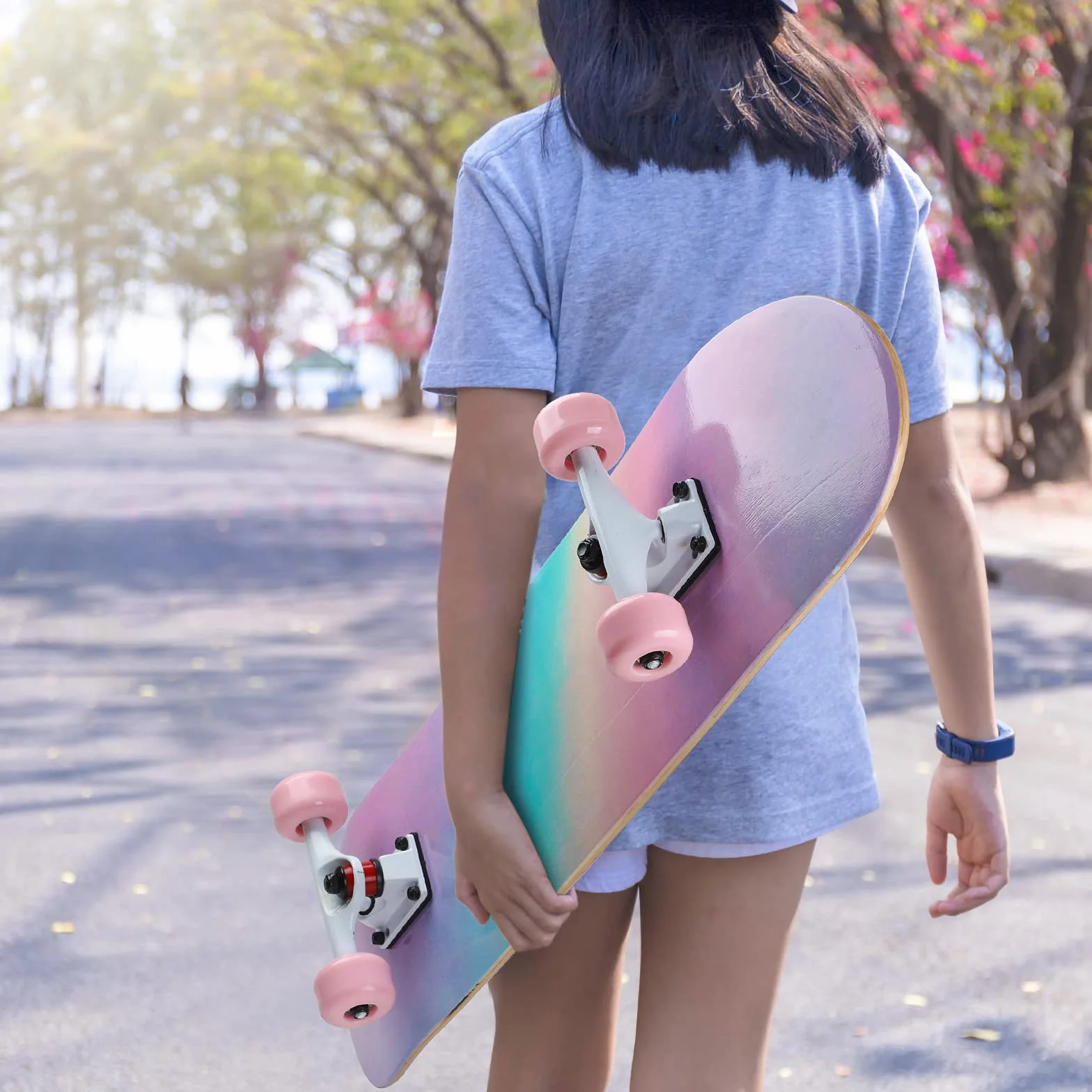 Skateboard Ado Fille Enfant Adulte débutants- 7 Couches en Bois d'Erable Plateau 80 x 20cm Apporter Sac Skateboard - Poudre Arc-en-Ciel