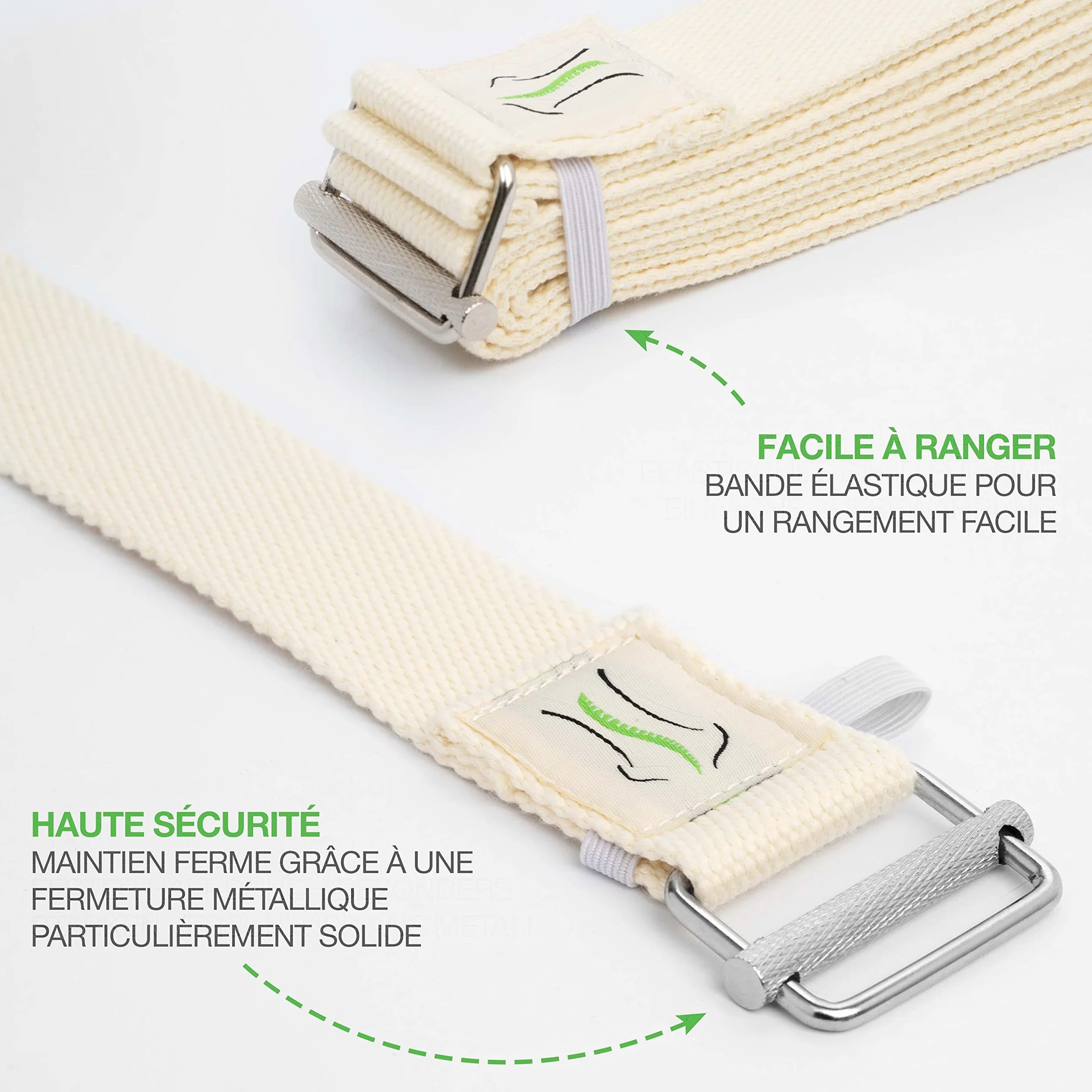 BACKLAxx ® Sangle yoga – Sangle coton pour yoga durable de 250 cm de long avec fermeture pratique en métal - Idéale pour le Pilates et les étirements – vidéos d'application inclu