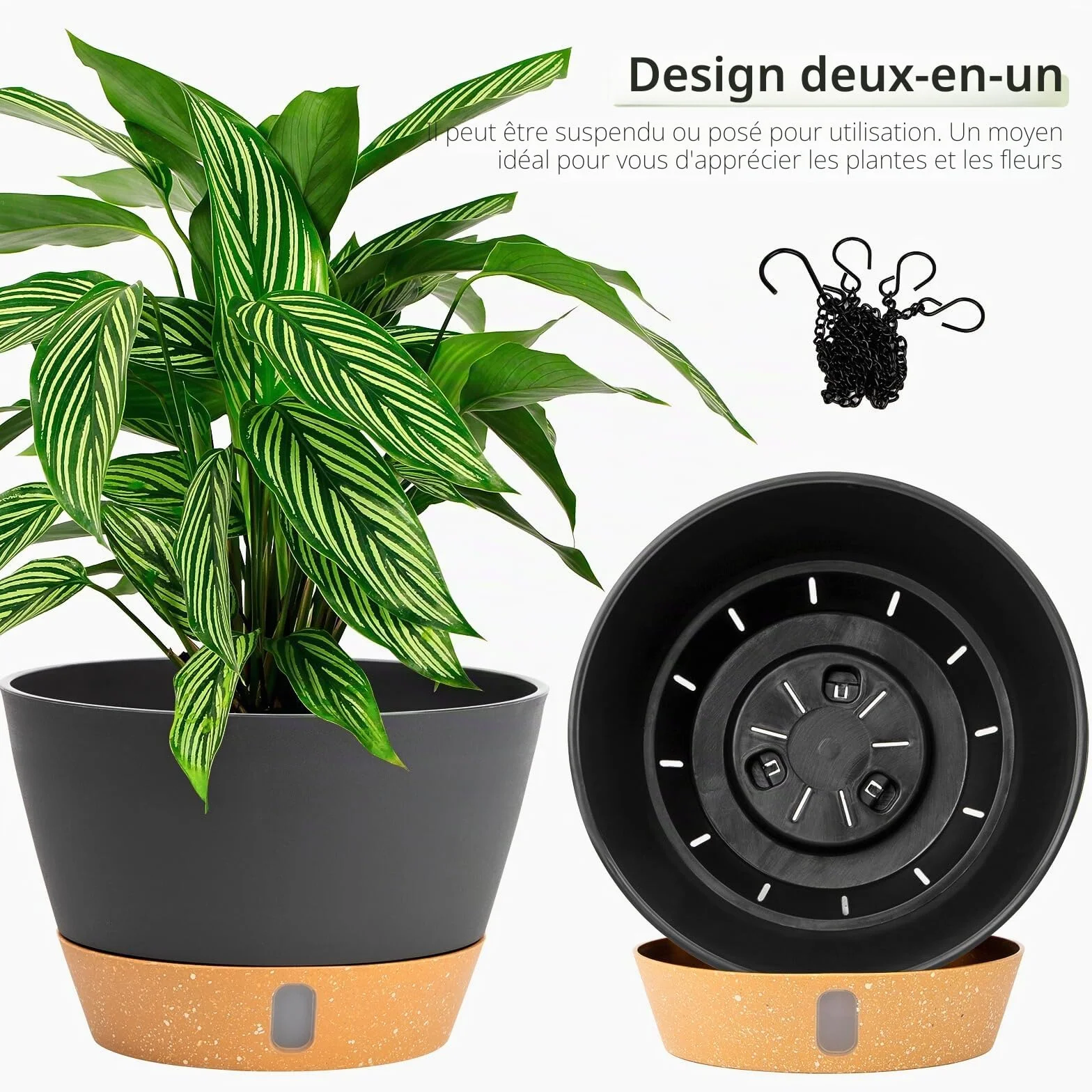 Lot de 2 Pots de Fleurs à Suspendre 20 cm Gris avec Trou de Drainage et 3 Crochets
