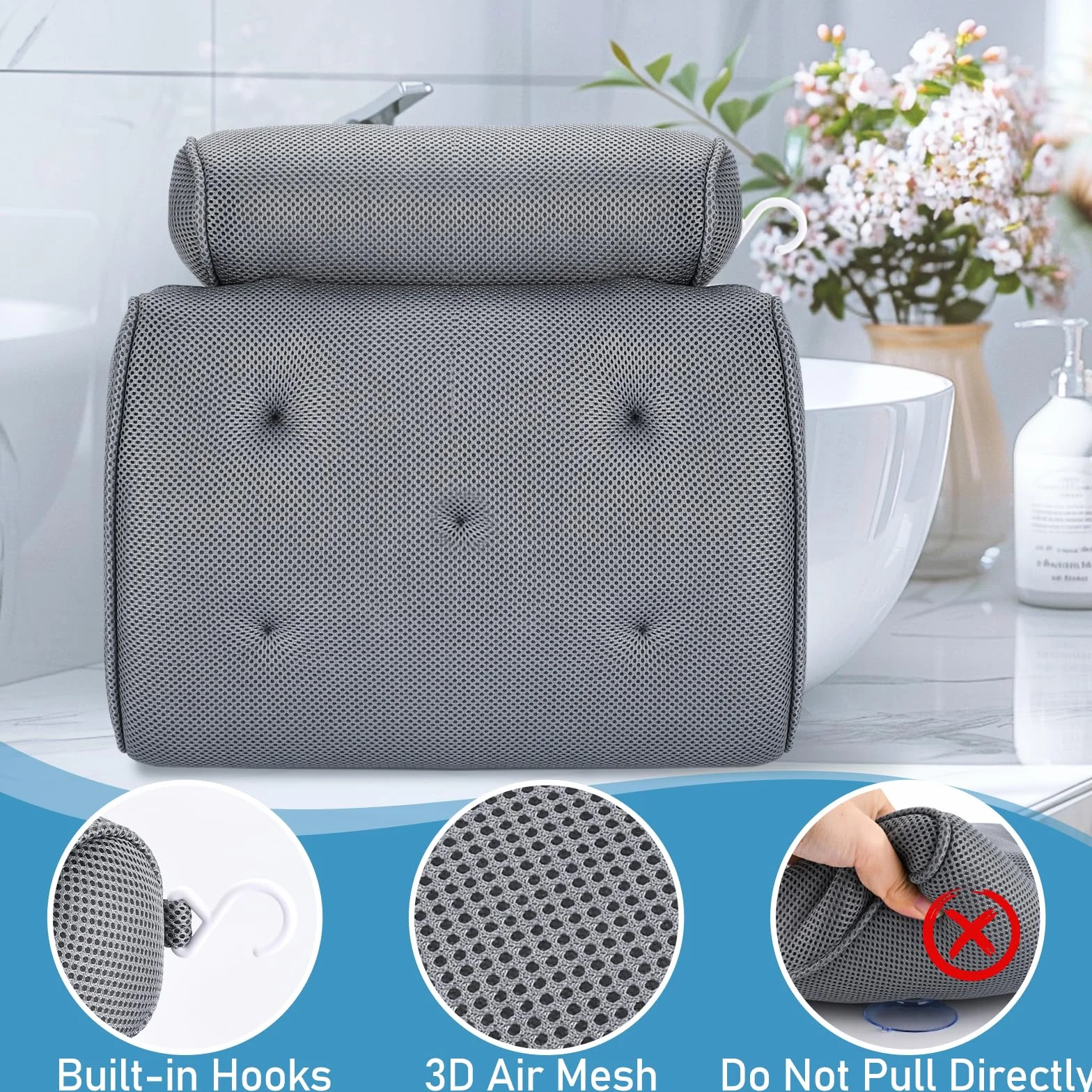 Coussin Baignoire Ergonomique avec 4D Air Mesh & 5 Ventouses pour Tous Types de Baignoires, Spa, Jacuzzi