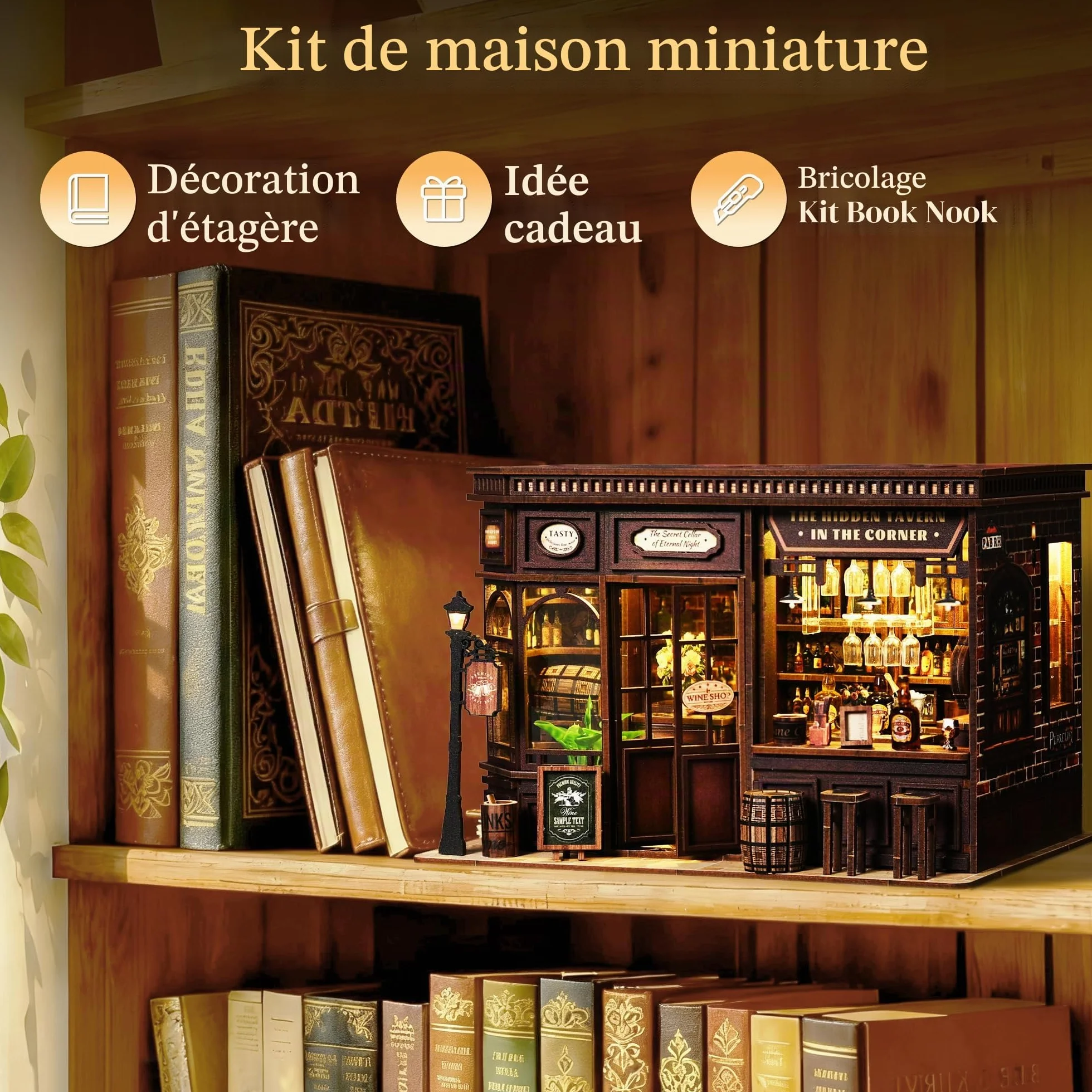Book Nook Bistrot Kit DIY Miniature Maison Poupées avec LED 3D Serre Livre Cadeau 14+