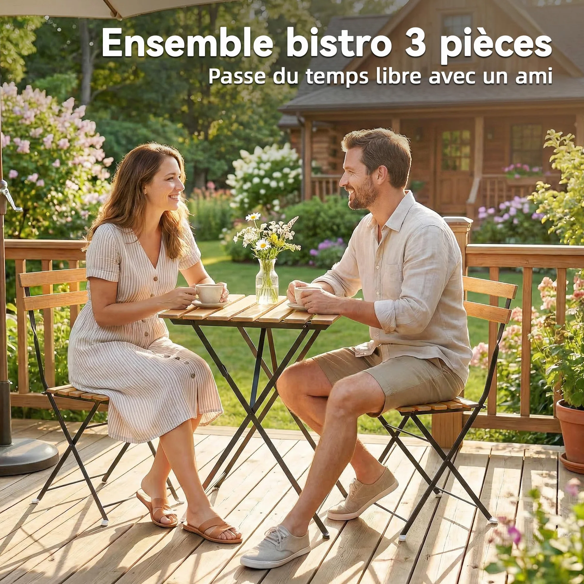 Outsunny Ensemble de Salon de Jardin 3 Pièces, Table Carrée en Bois d'Acacia, 2 Chaises Pliantes, Cadre Métal, Naturel
