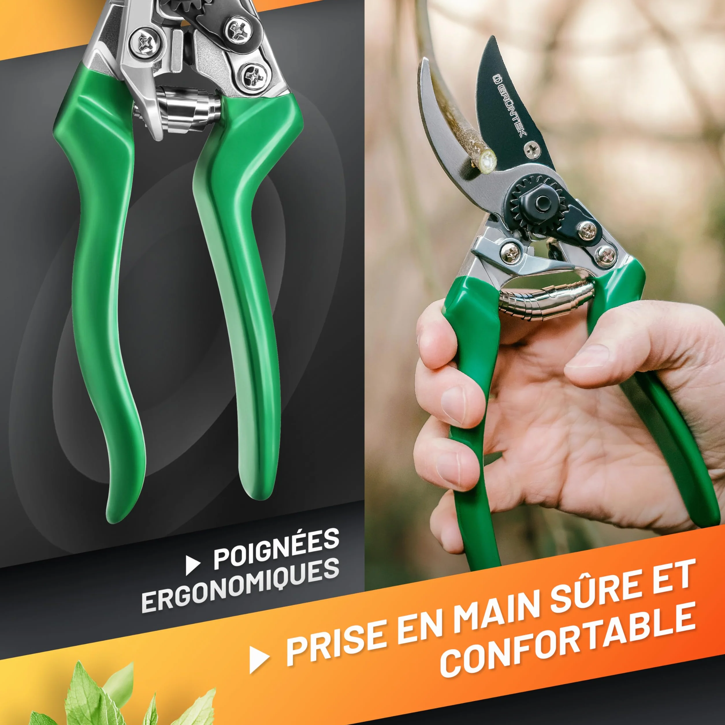 GRÜNTEK Sécateur de Jardin Professionnel Acier Japonais Teflon