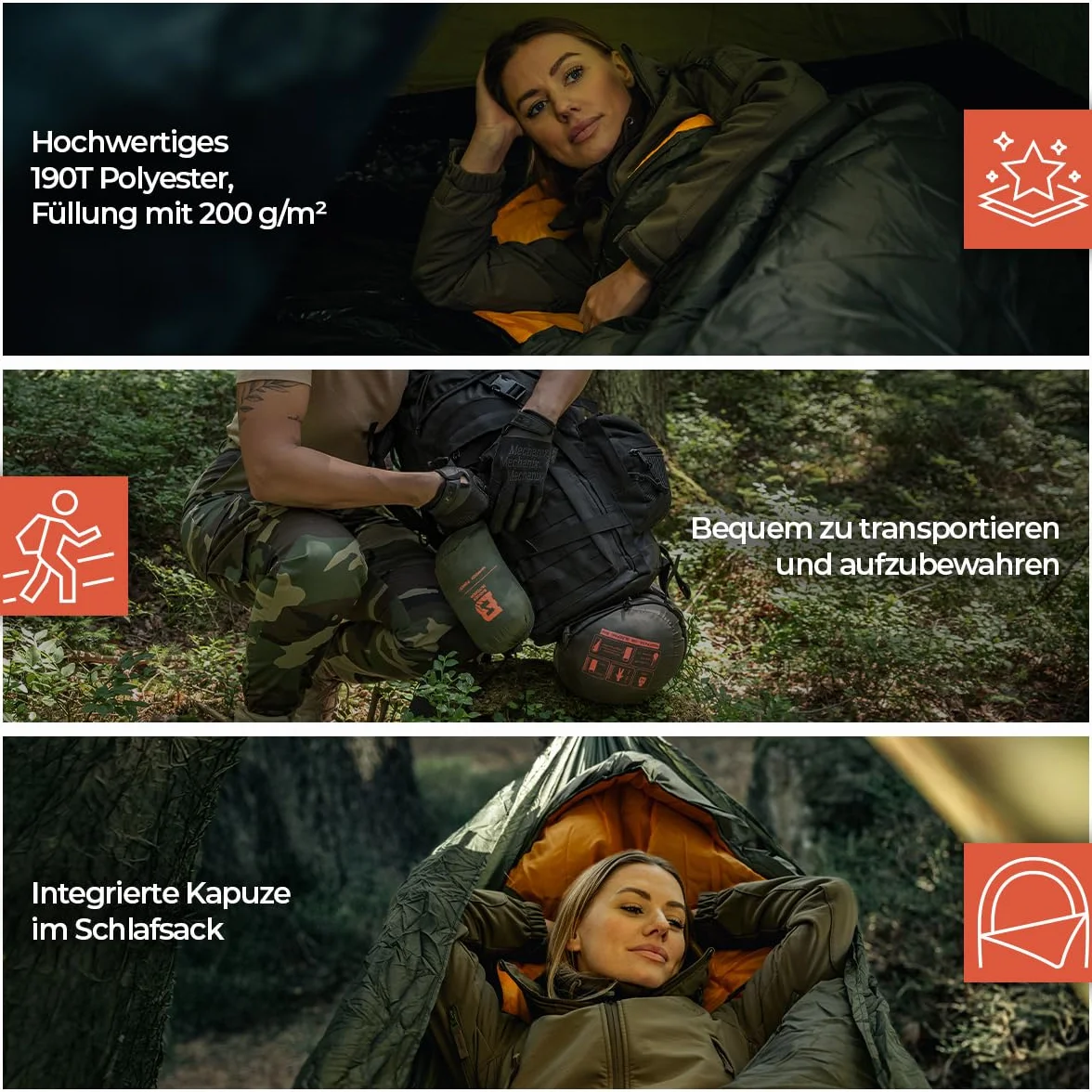 Badger Outdoor Nightpack Sac de couchage de camping 220 x 75 cm | Ultra léger 1100 g Sac de couchage avec capuche | Matelas isolant pour trekking extérieur 3 saisons | Jusqu'à -4 °C