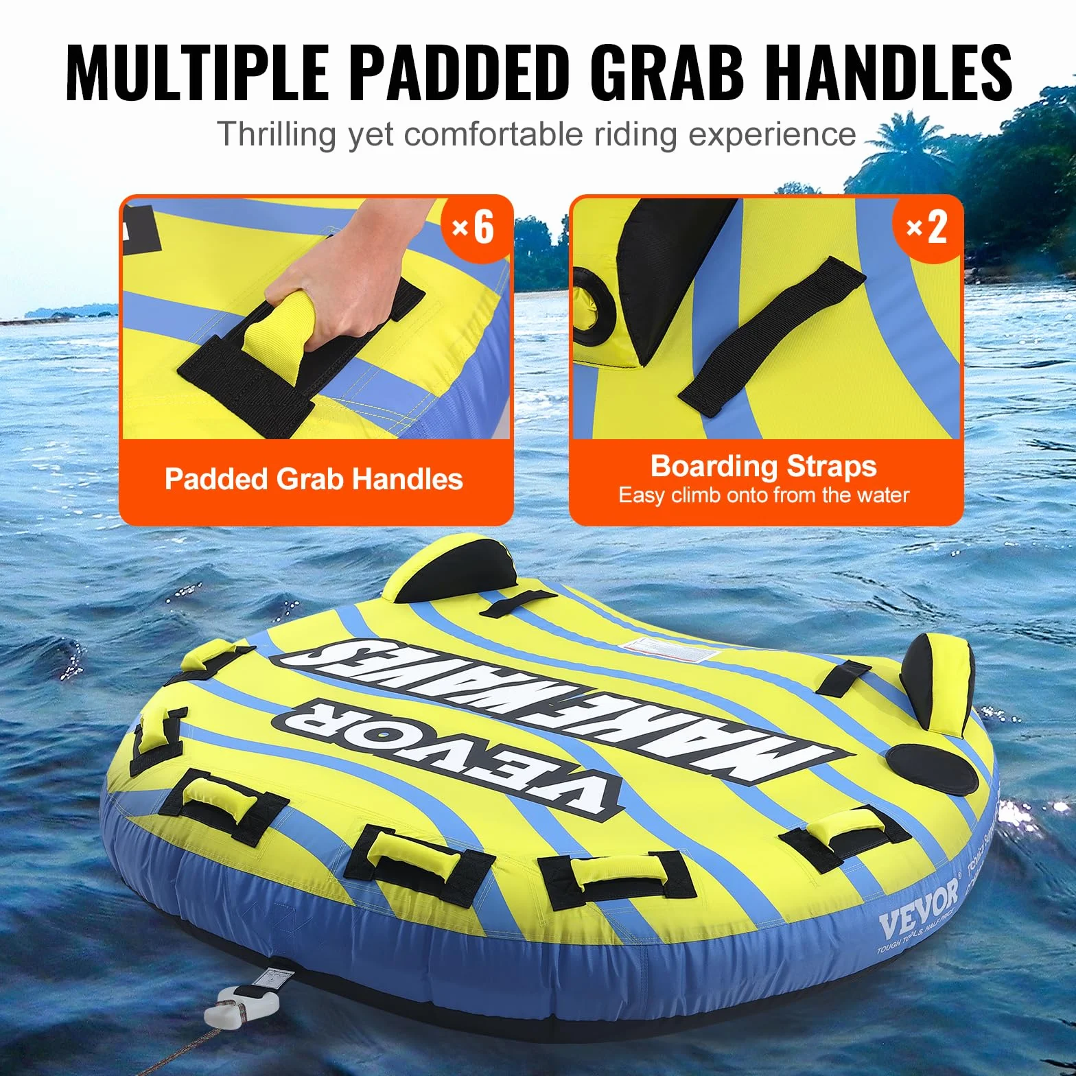 VEVOR Bouée tractée Gonflable pour Bateau, 1 à 3 passagers, Tube remorquable avec ailerons de Pare-Chocs, 231 kg, pour Sport Nautique, Housse en Nylon, poignées en EVA, soupape de sécurité de Vitesse