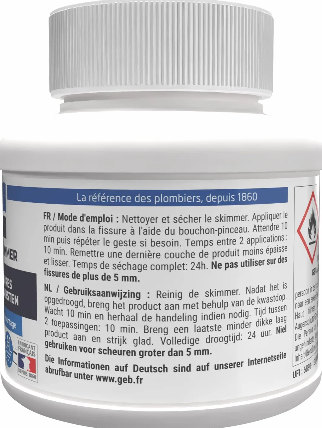 GEB Réparation skimmer piscine ABS Pot 125 ml Répare fissures 5 mm