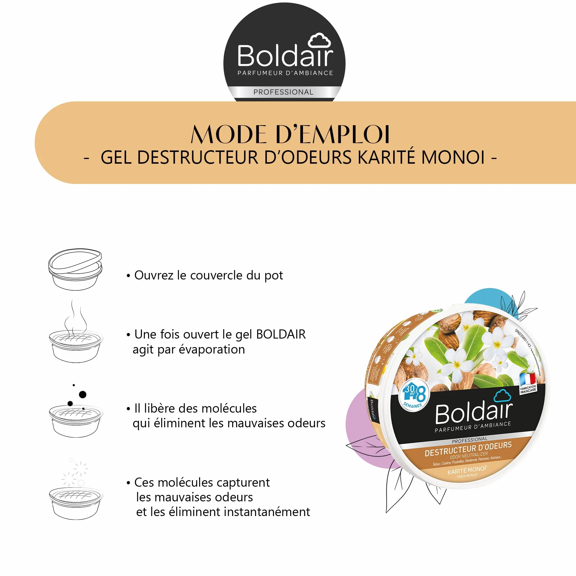 BOLDAIR Gel destructeur d'odeur Karité Monoï 300g Neutralise parfume Fabrication française