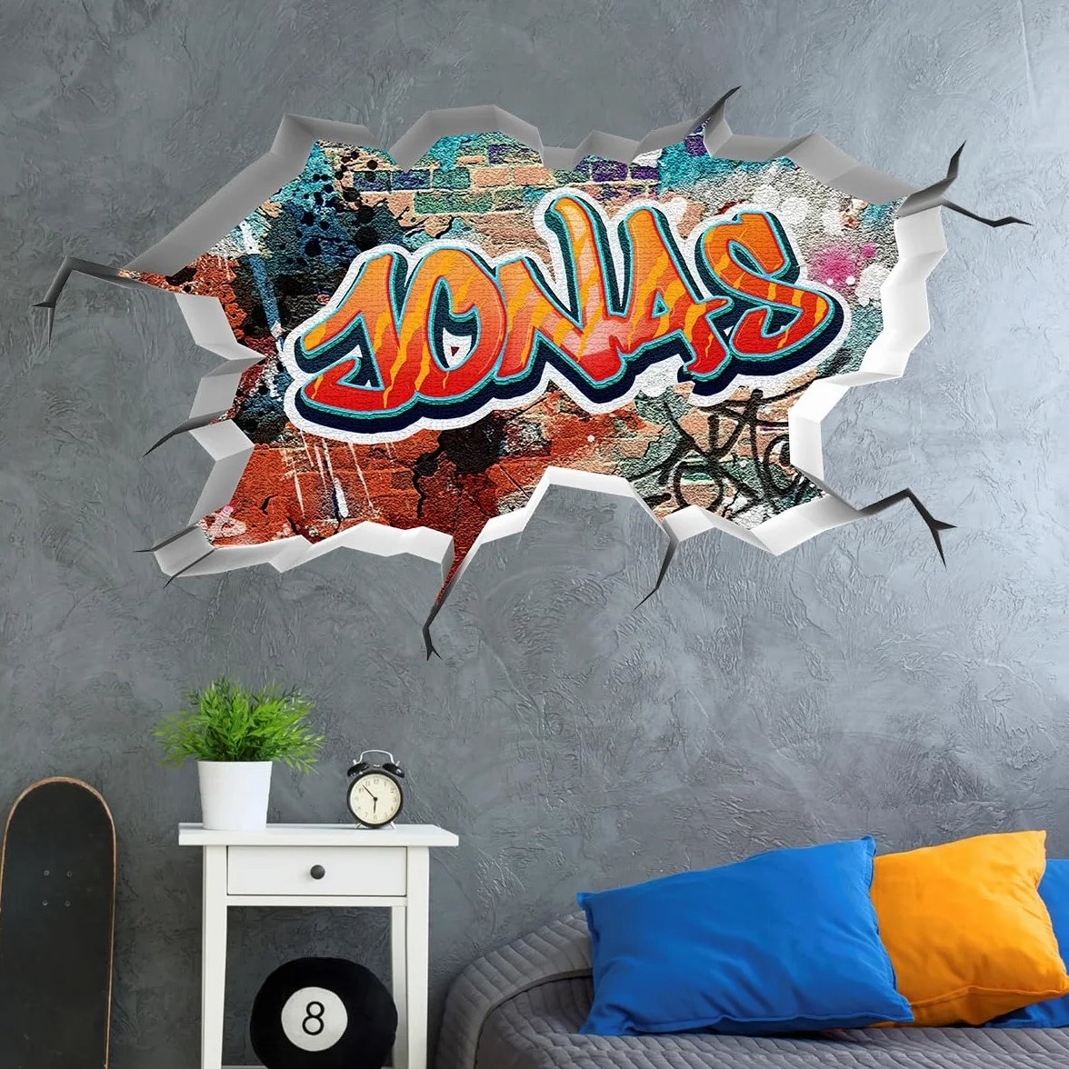 Sticker mural personnalisé prénom garçon 3D graffiti autocollant tag 50x29cm