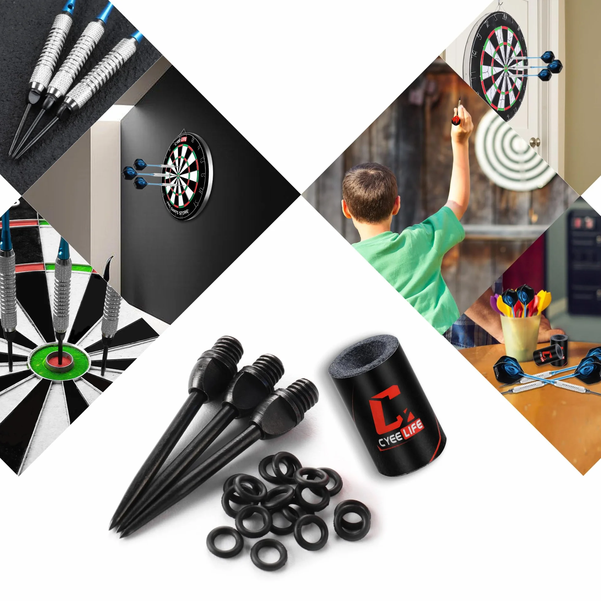 CyeeLife Lot de 12 pointes en acier 2BA pour fléchettes + 20 anneaux en caoutchouc + 1 pointe pour fléchettes, pointes métalliques pour fléchettes pour transformer les fléchettes souples, pointes en