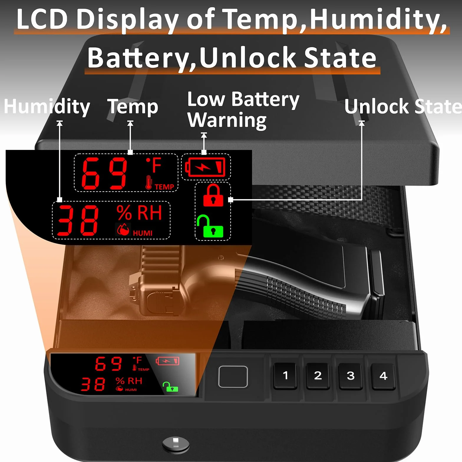 Z ZLJUAN Coffre-fort portable pour pistolet avec écran LCD de la température, de l'humidité, avec empreintes digitales biométriques, serrure à clavier, clé, arme de poing biométrique pour voyage