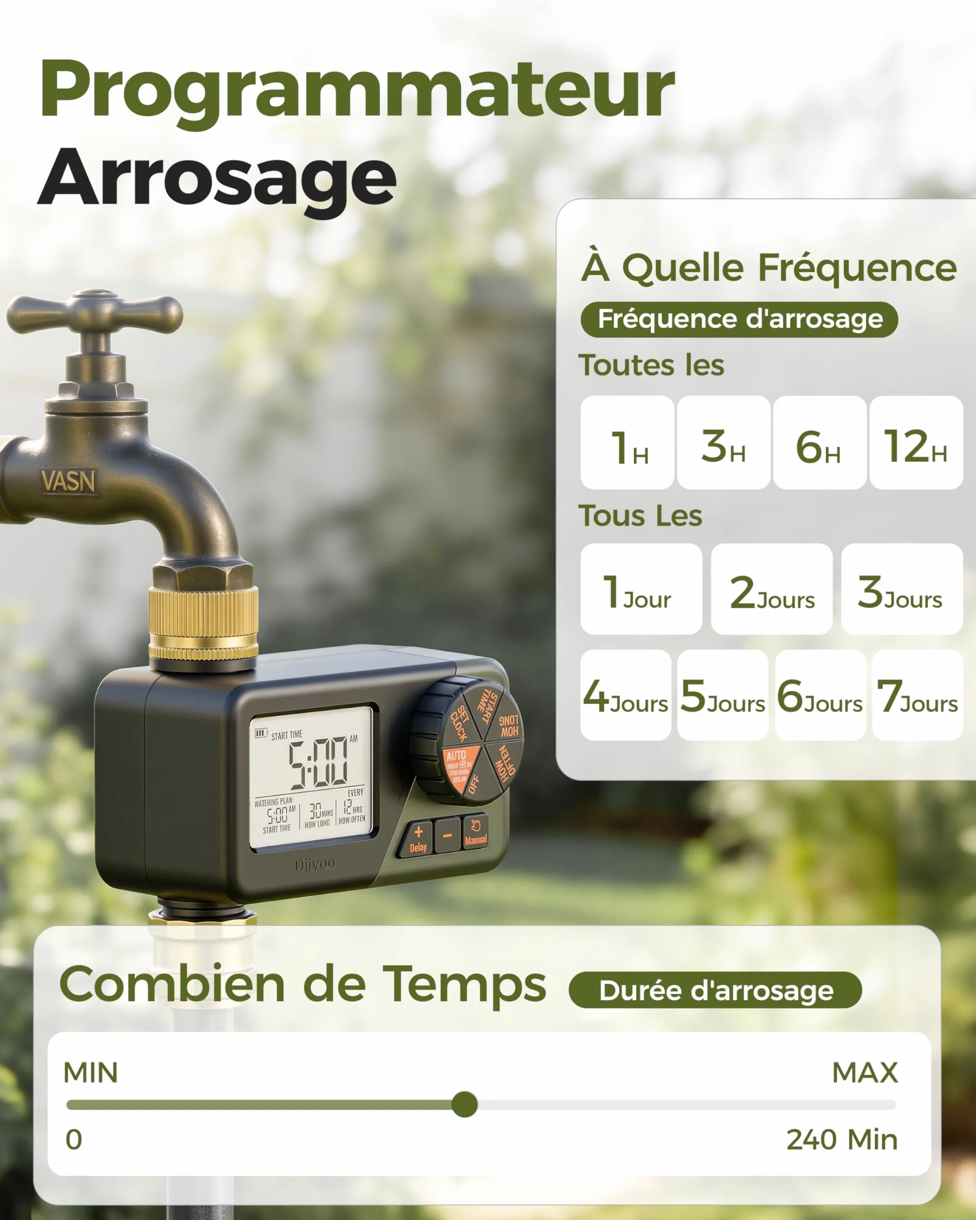 Diivoo Programmateur Arrosage Laiton IP66 Minuteur Arrosage Horaire Hebdomadaire Quotidien Grand Écran LCD