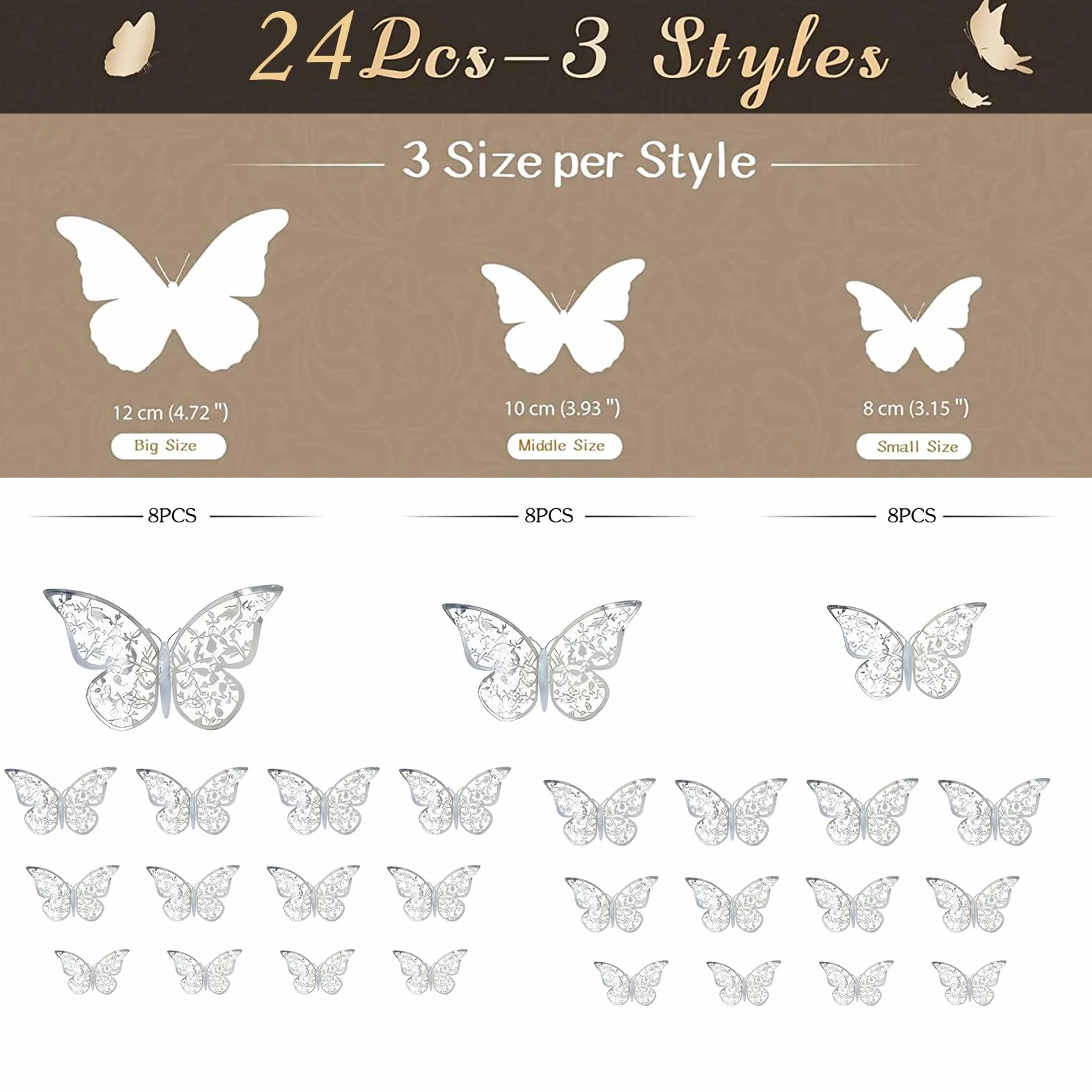 Autocollants Muraux Papillon 3D Argent 24 Pièces Décoration Maison Mariage Chambre Enfant