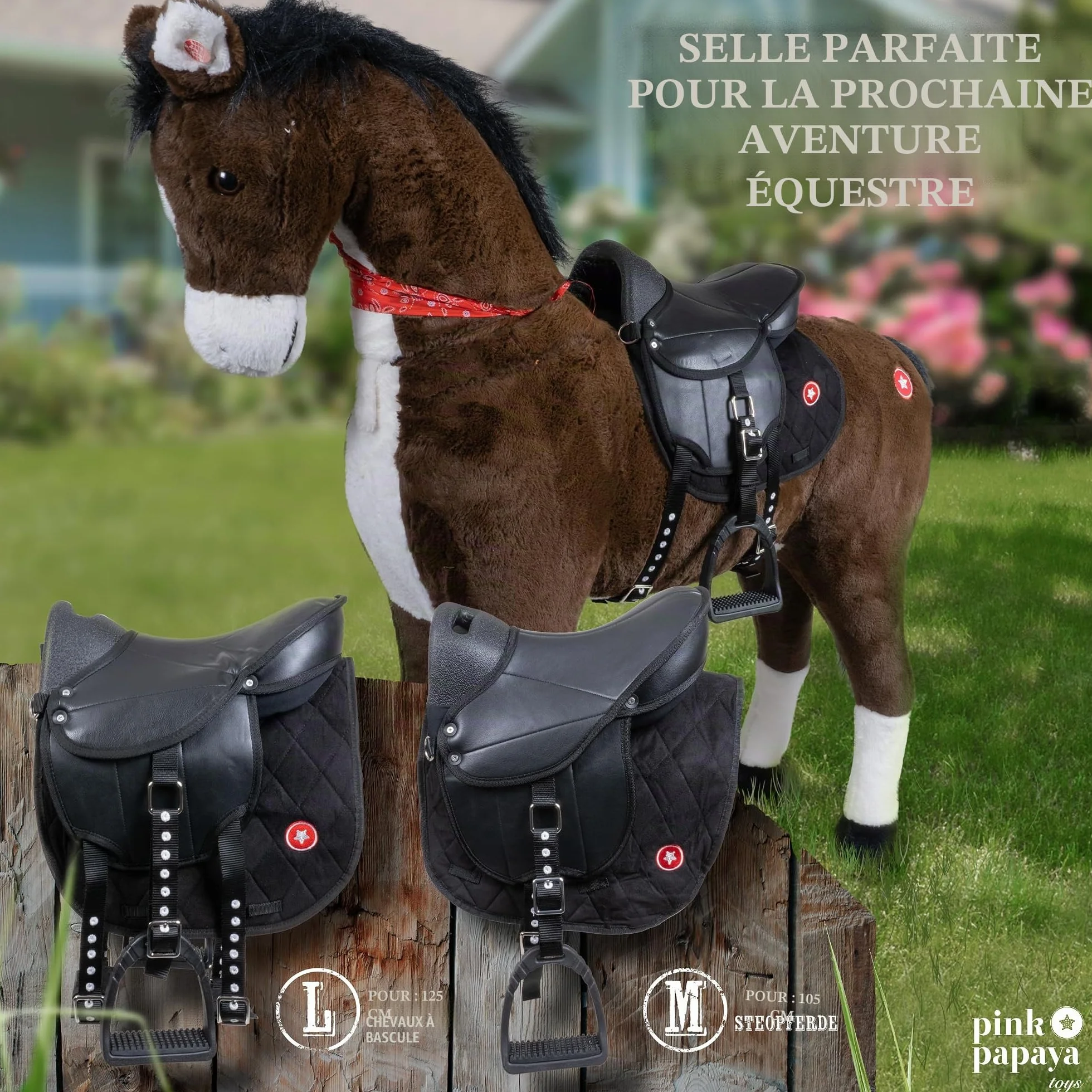 Pink Papaya Shetty Selle pour enfants avec étriers pour chevaux en bois et chevaux de jeu