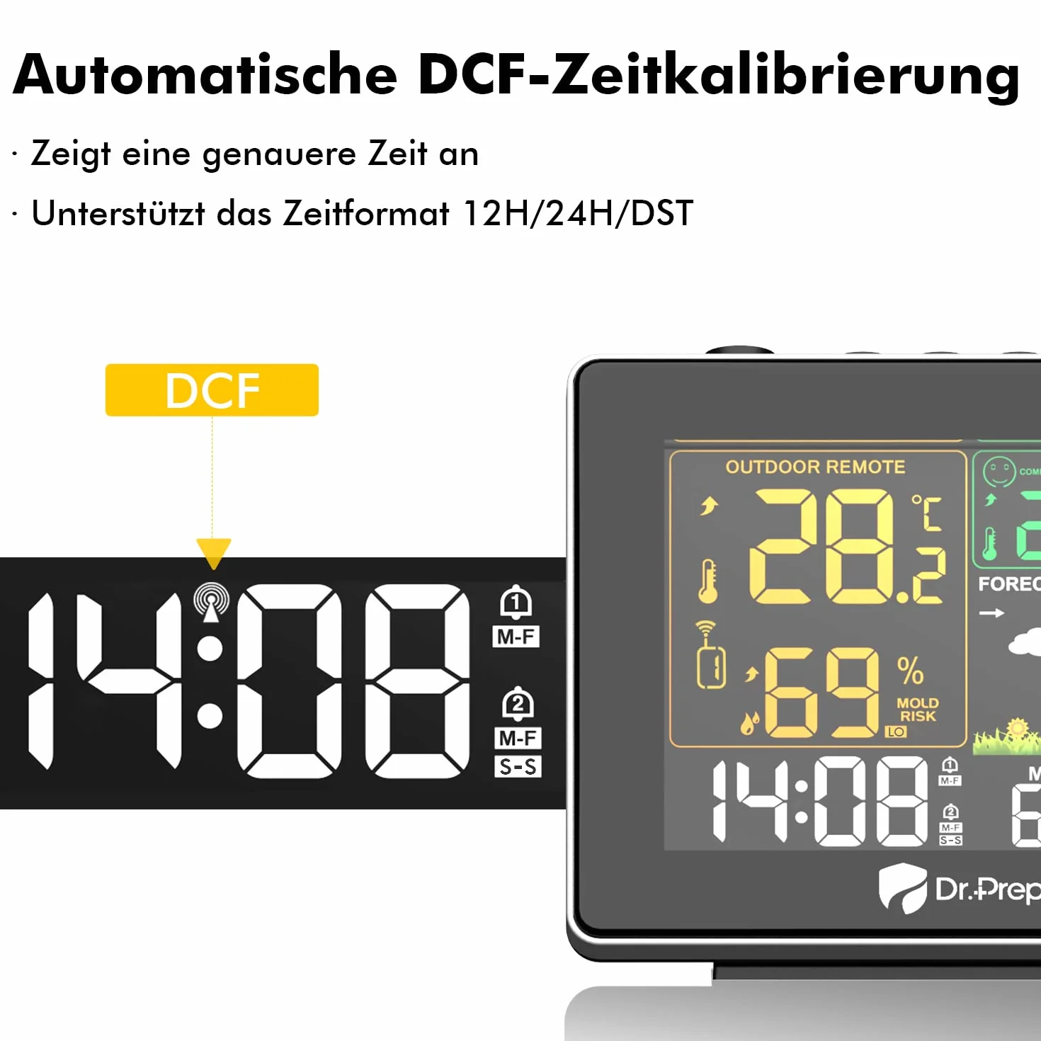 DR.PREPARE Station météo avec capteur extérieur DCF, réveil projection, prévisions météorologiques
