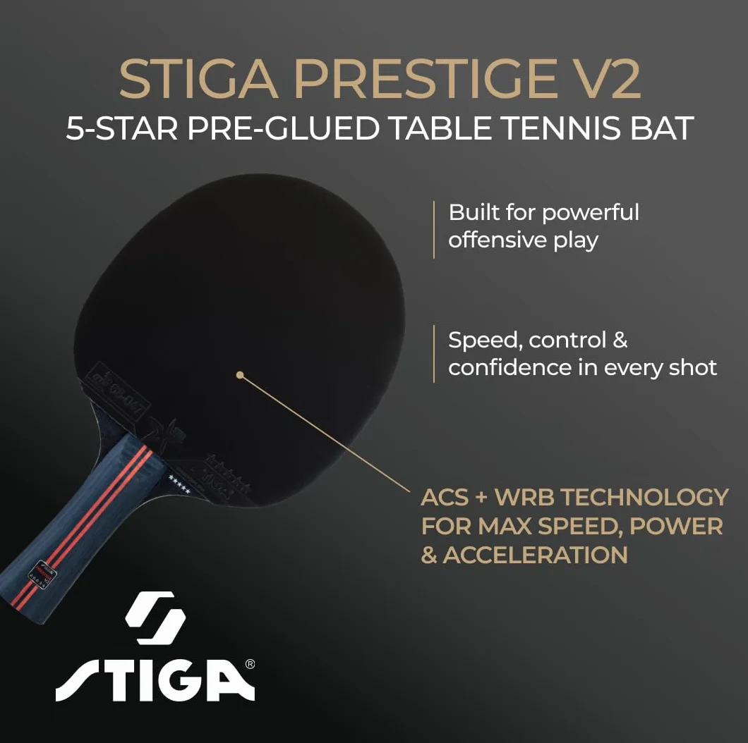 STIGA Raquette de Tennis de Table Prestige V2 – Raquette 5 Étoiles Offensif, Haute Vitesse, Bois 5 Plis, Manche Concave, Technologies ACS & WRB, Revêtement ITTF Star 5, Mousse 2,0 mm
