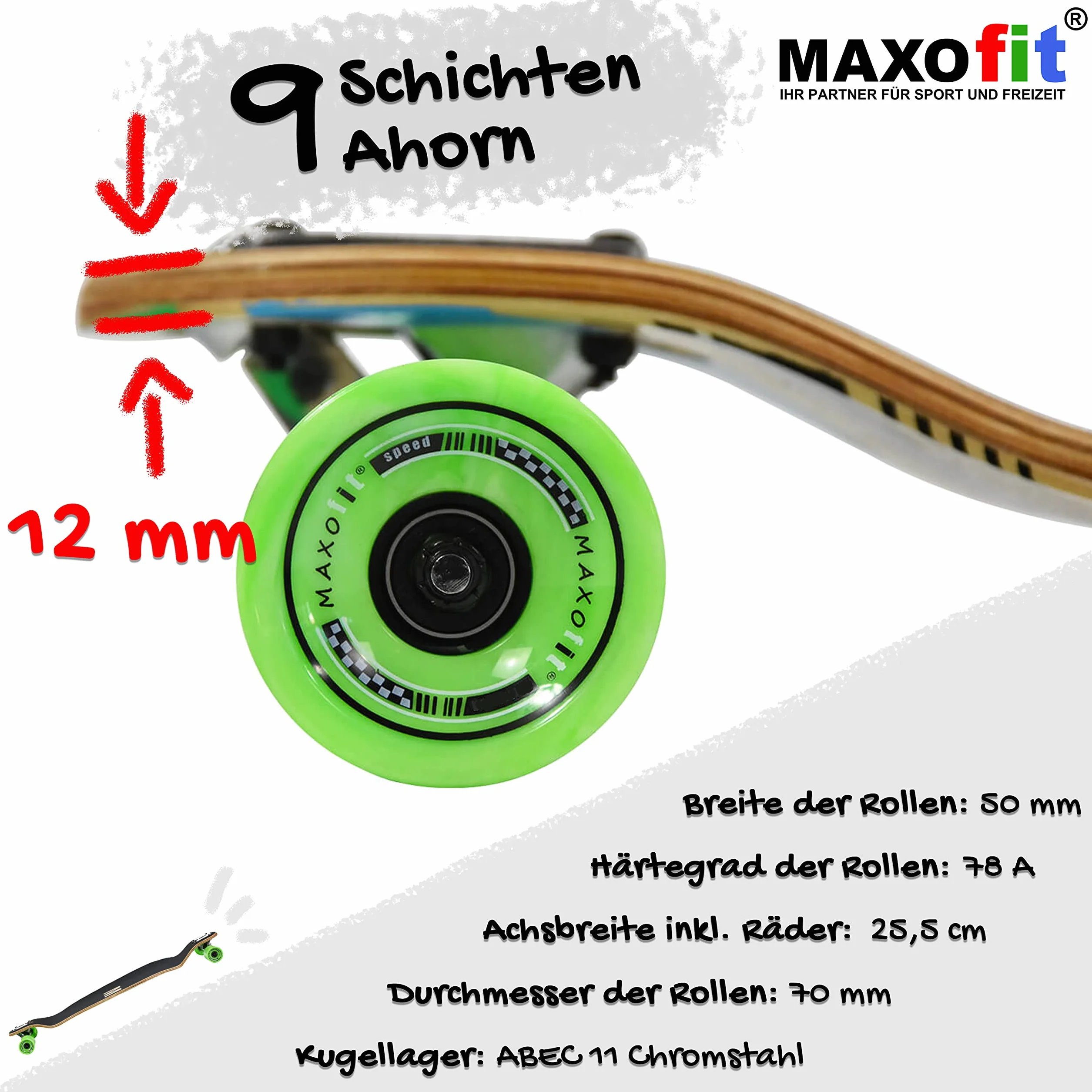 Maxofit Longboard dans différents Designs avec Planches en érable/Bambou de qualité supérieure pour débutants et confirmés