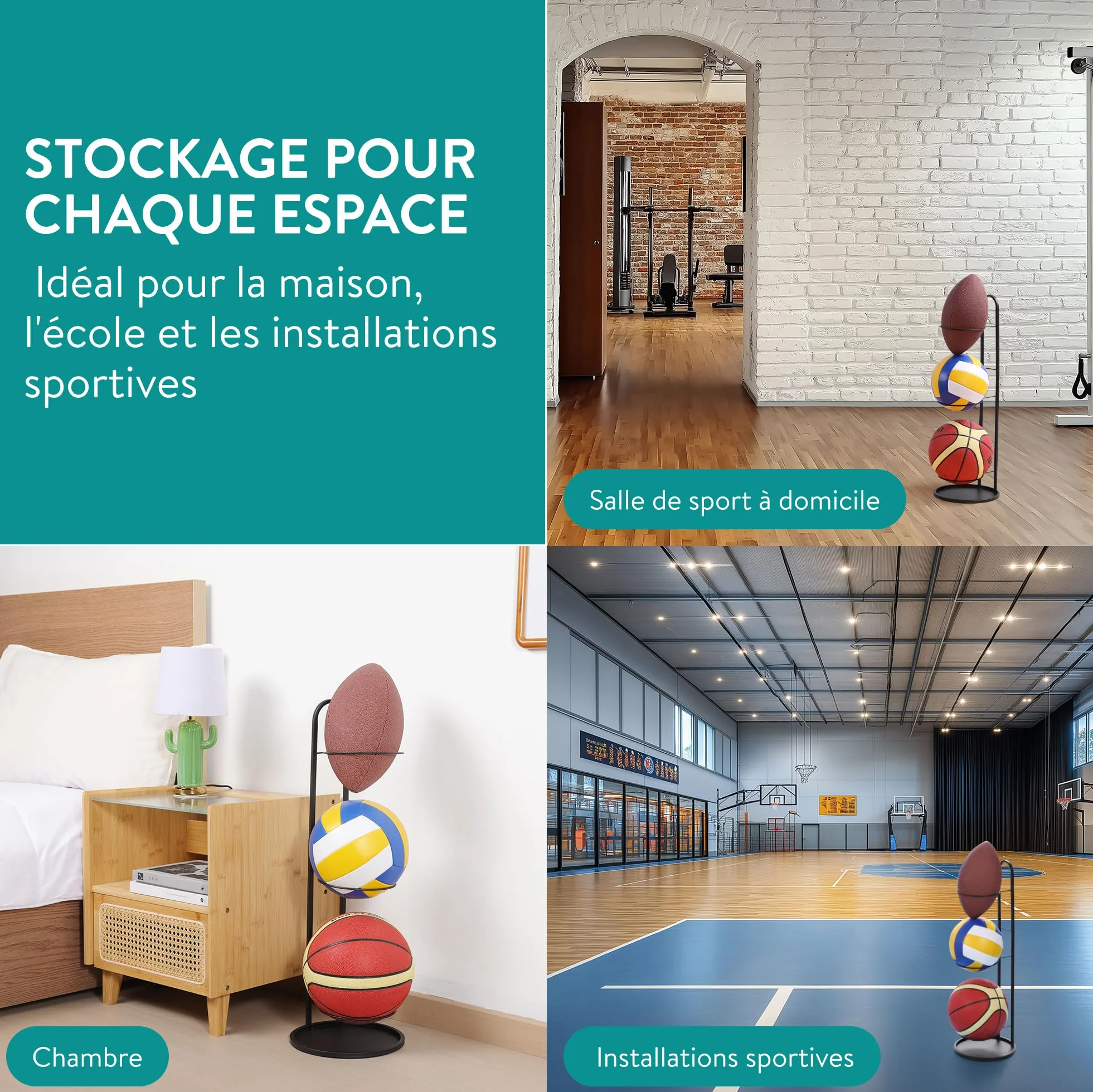 Navaris Support Ballon Foot - Rangement Ballon de Volleyball Basket en Acier Carbon 70 x 24,5 cm avec 3X Socle - Range Ballon pour Salle de Sport Garage Entrée de Maison