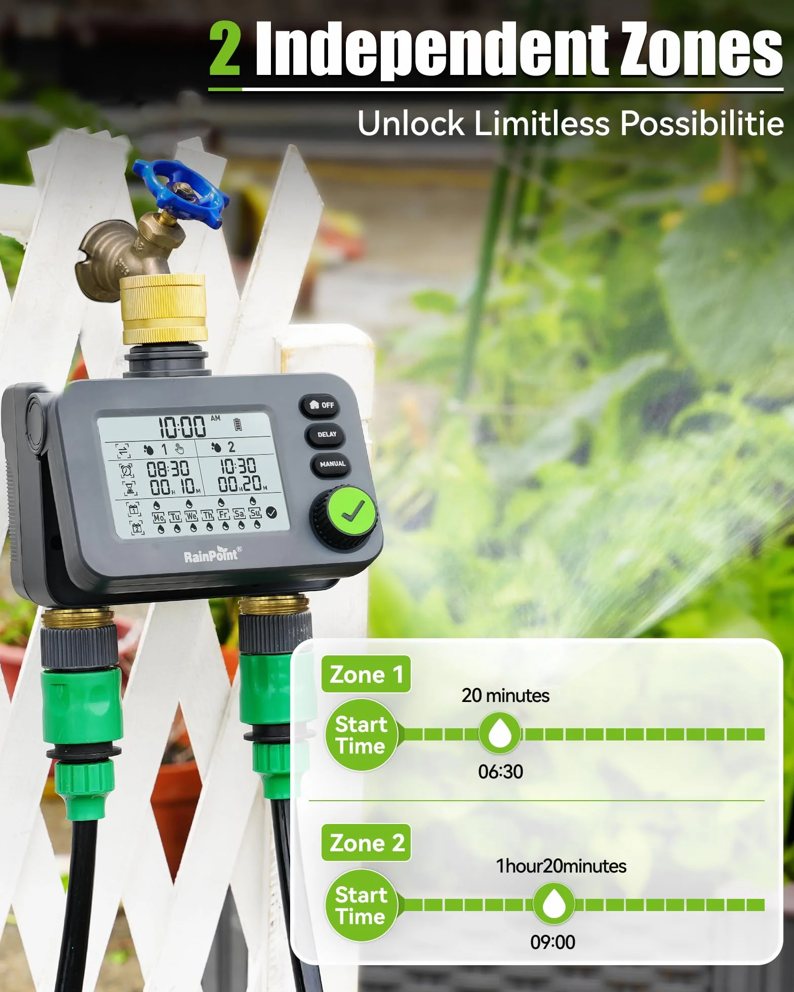 RAINPOINT Programmateur Arrosage 2 Sorties, Minuteur Automatique Jardin IP54