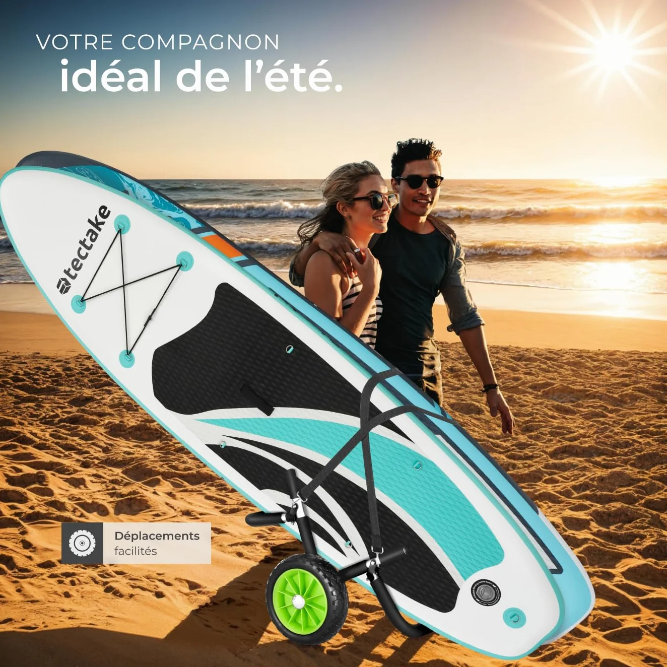 tectake® Chariot de Transport Pliable Double pour Paddle Gonflable, Stand up Paddle, Planche de Surf, Cadre en Aluminium Inoxydable, Pneus profilés, Max. 45 kg