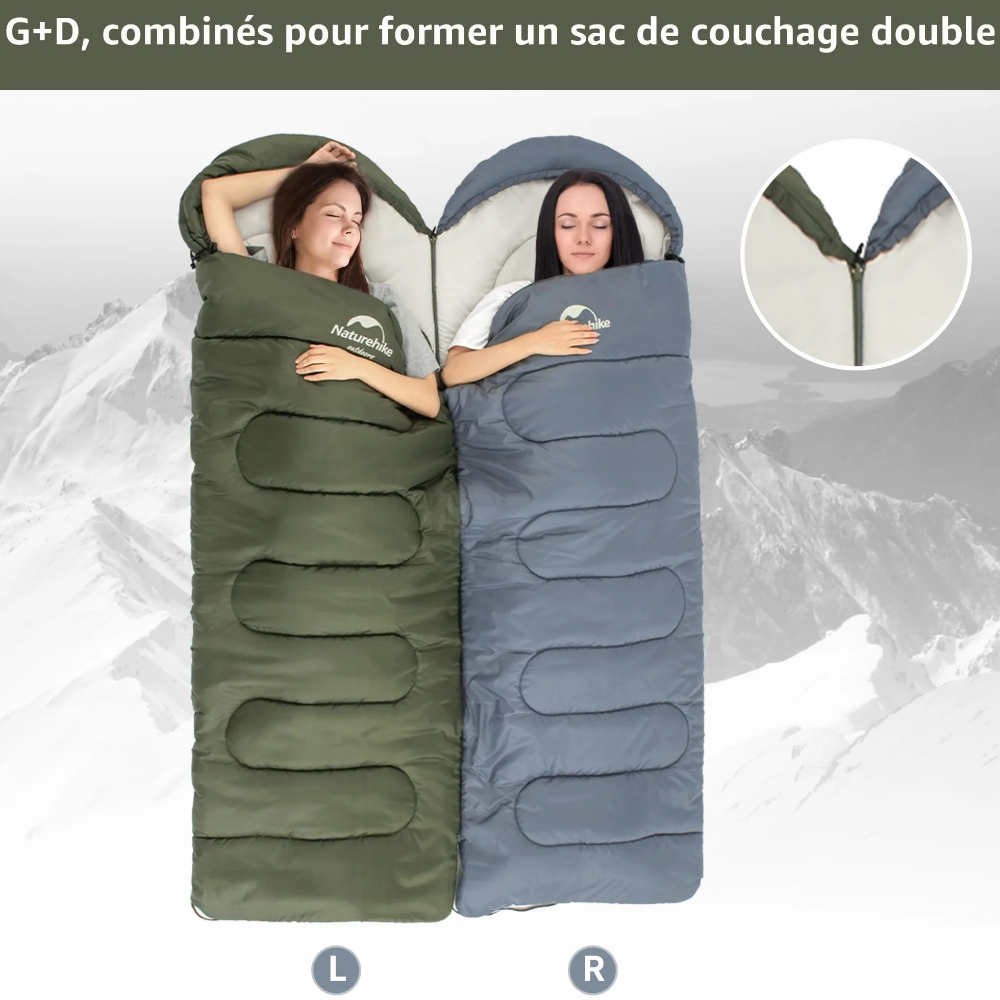 Naturehike Sac de Couchage Compact 3 Saisons,Confortable Surdimensionné 220x85cm adapté Adultes,Combiner dans Un Sac de Couchage 2 Personnes,Ultra léger Portable,avec Sac de Compression