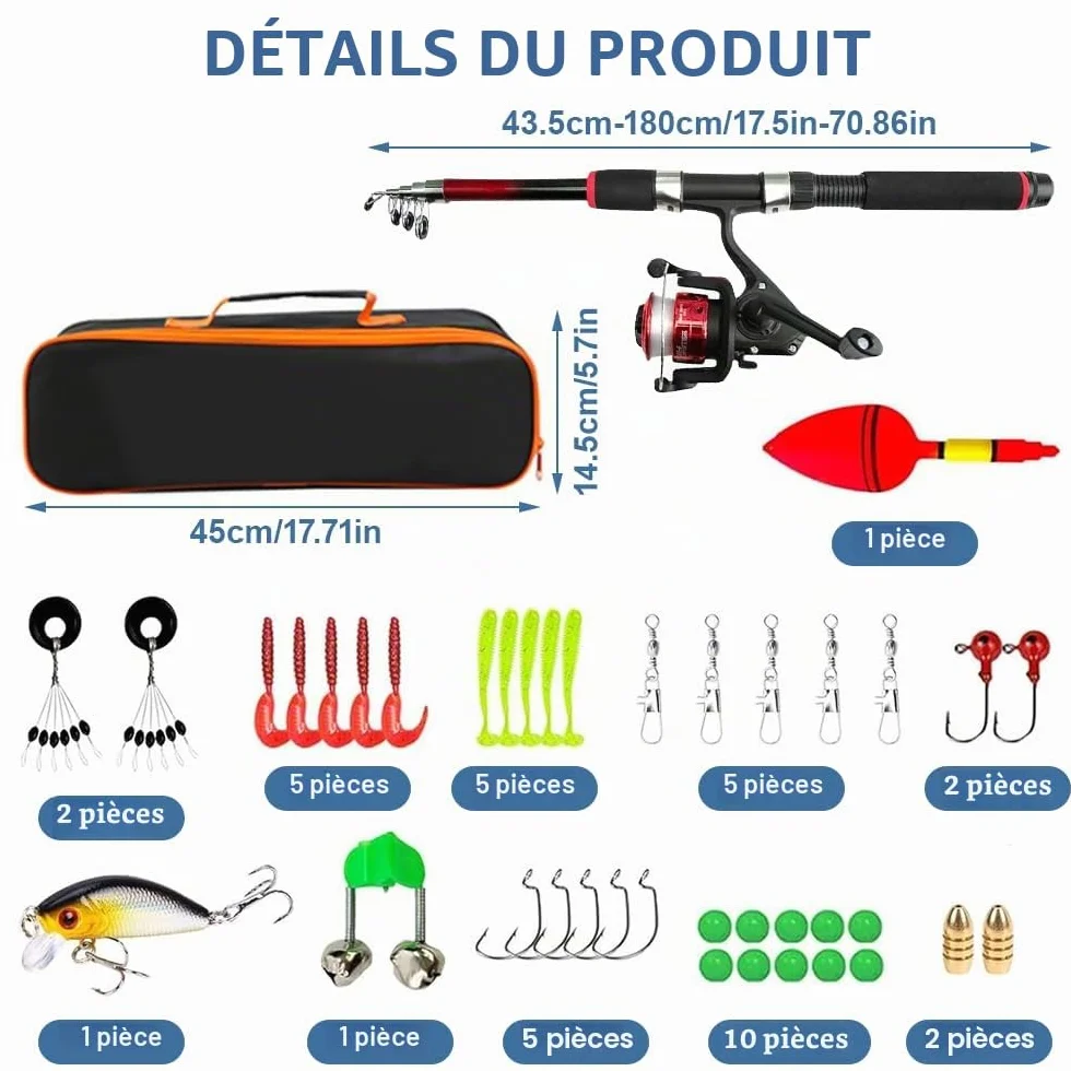 Kit de Canne à Pêche Télescopique, 1,8M Canne a Peche Enfant, Ensemble de Pêche Complet avec Moulinet, Leurres et Sac de Transport, pour Débutants Garçons, Filles, Jeunes