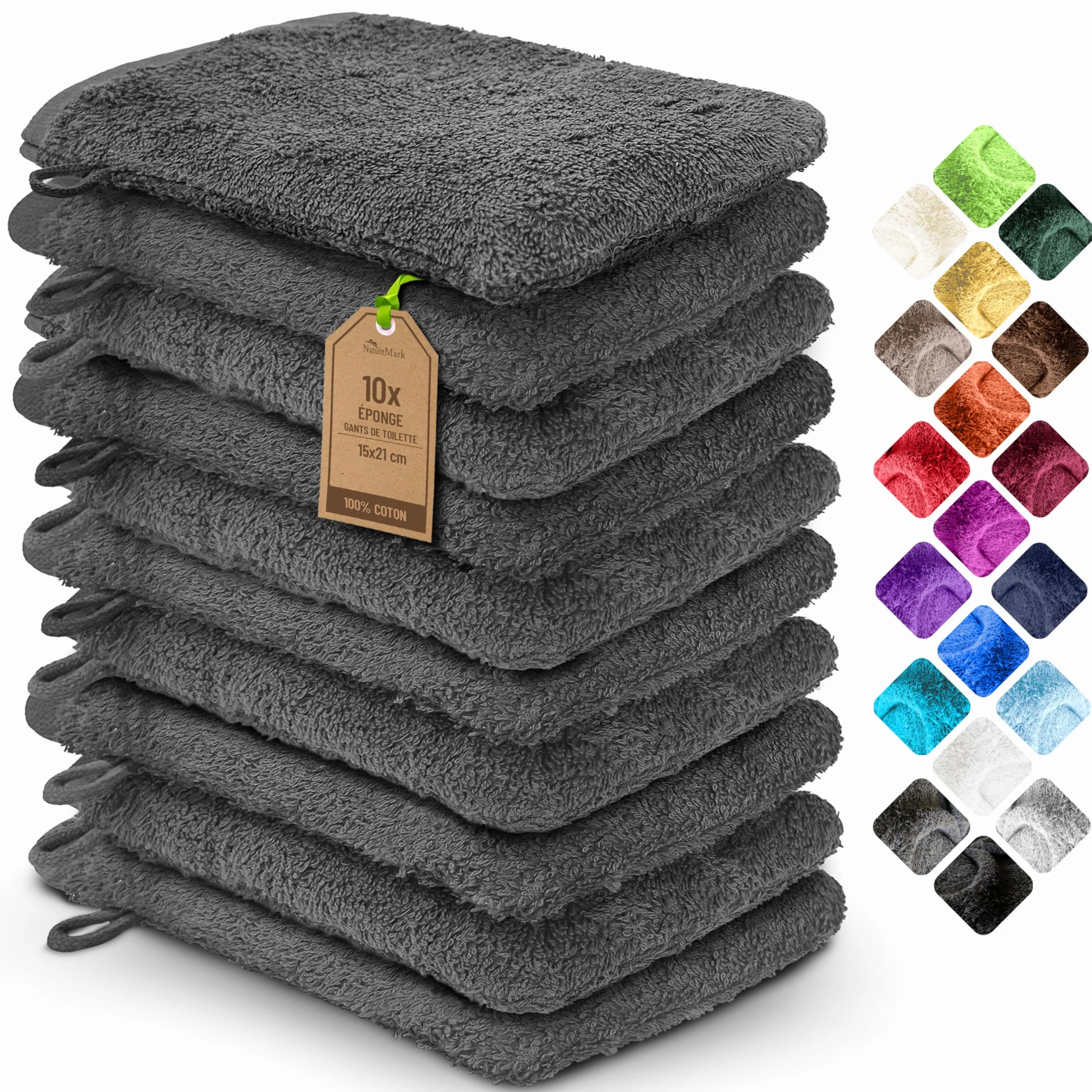 NatureMark Gants de Toilette en Frotte 100% Coton Gris Anthracite 15x21 cm
