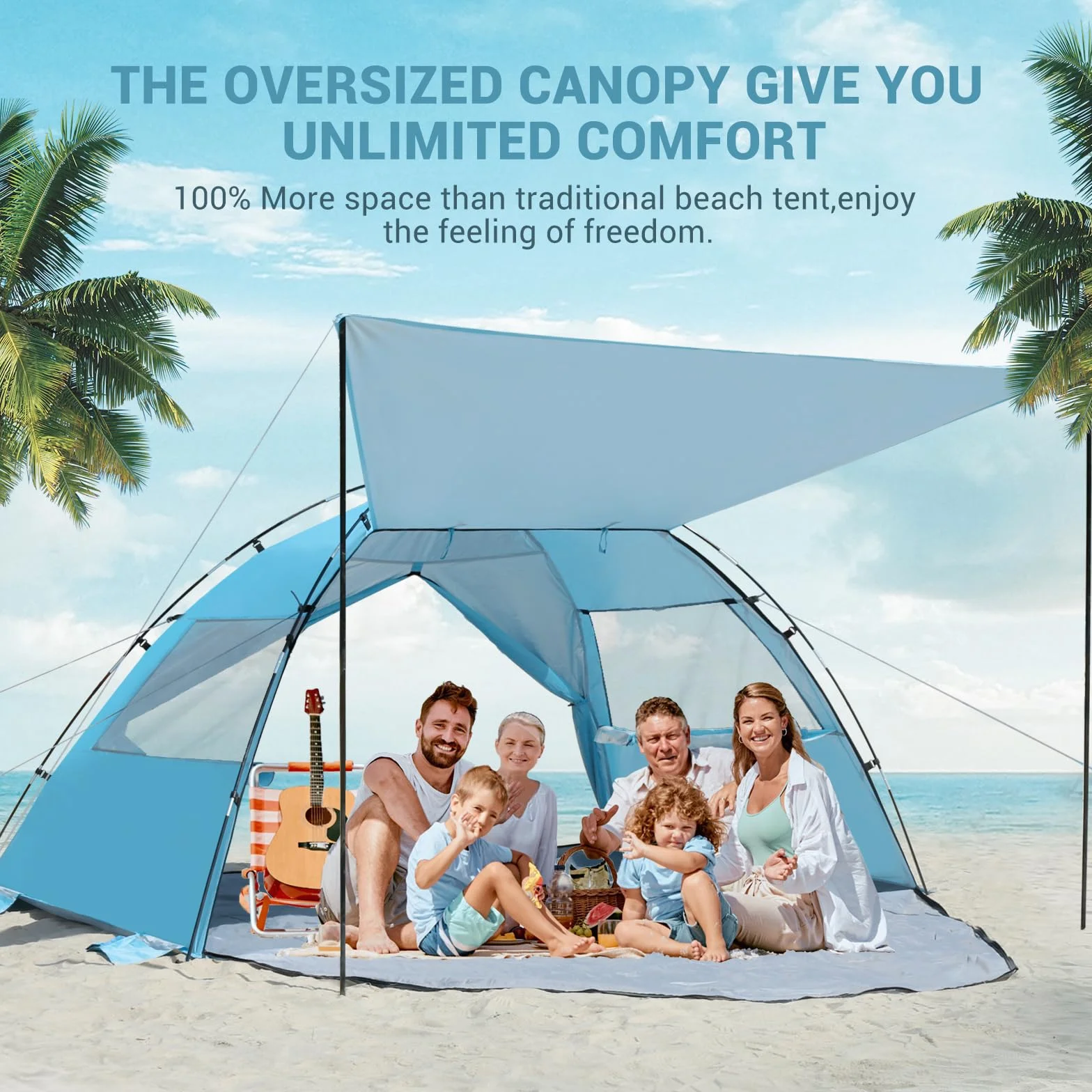 Elegear Tente de Plage Anti UV UPF 50+, Tente de Camping Famille avec Auvent pour 6-7 Personnes Ultralight Portable Abri de Plage avec Sac de Transport pour Extérieure Parc Pêche, 260*165*150CM, Bleu