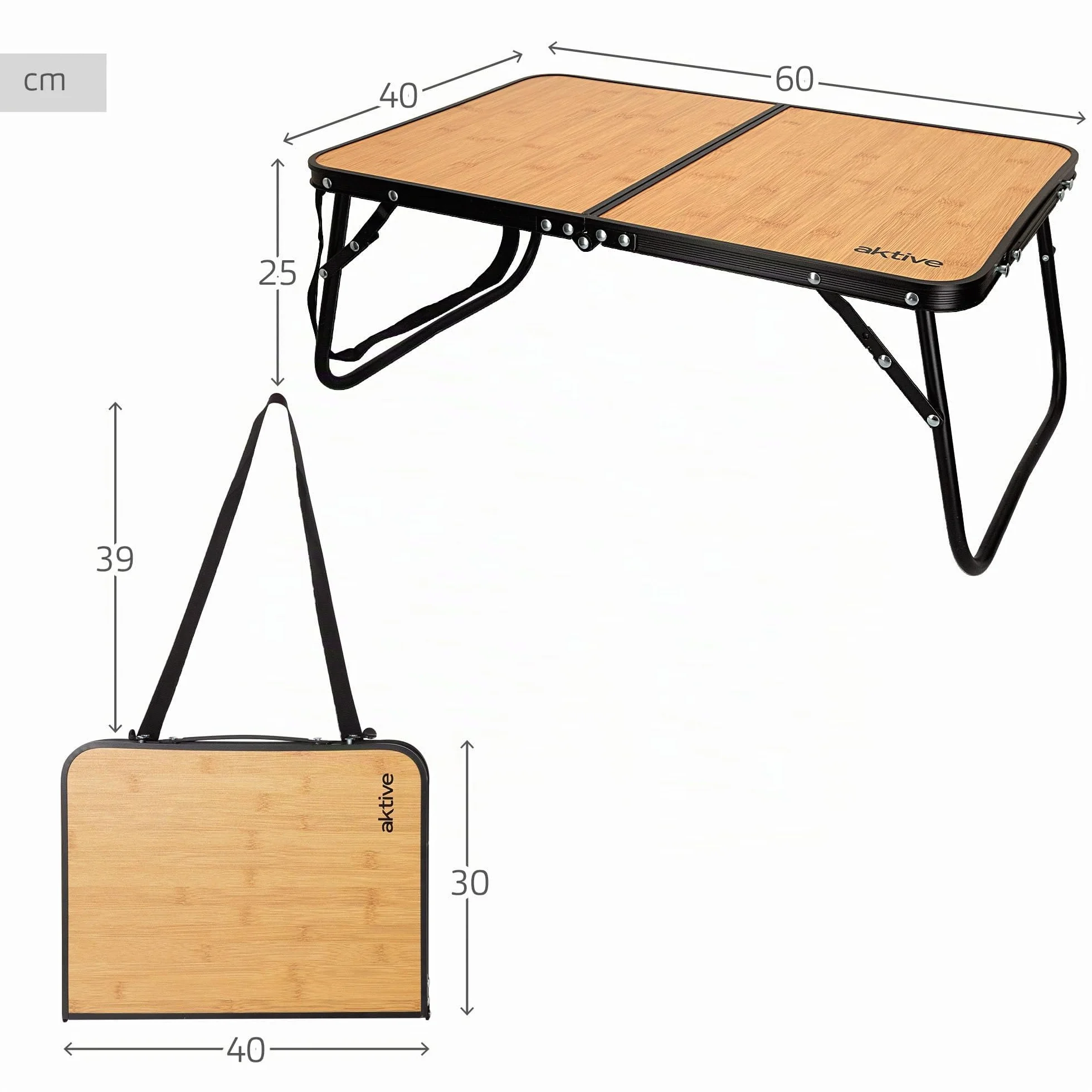 AKTIVE Table Basse Pliable 60x40x25 cm Effet Bambou Aluminium MDF 20 kg avec Serrure de Sécurité Poignée Sangle de Transport