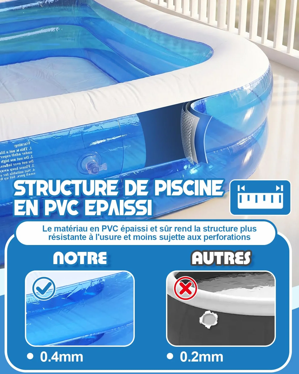 Piscine Gonflable Rectangulaire 260 x 155 x 45 cm, Grande Piscine pour Enfants Adultes, Bassin Pliable Extérieur Jardin