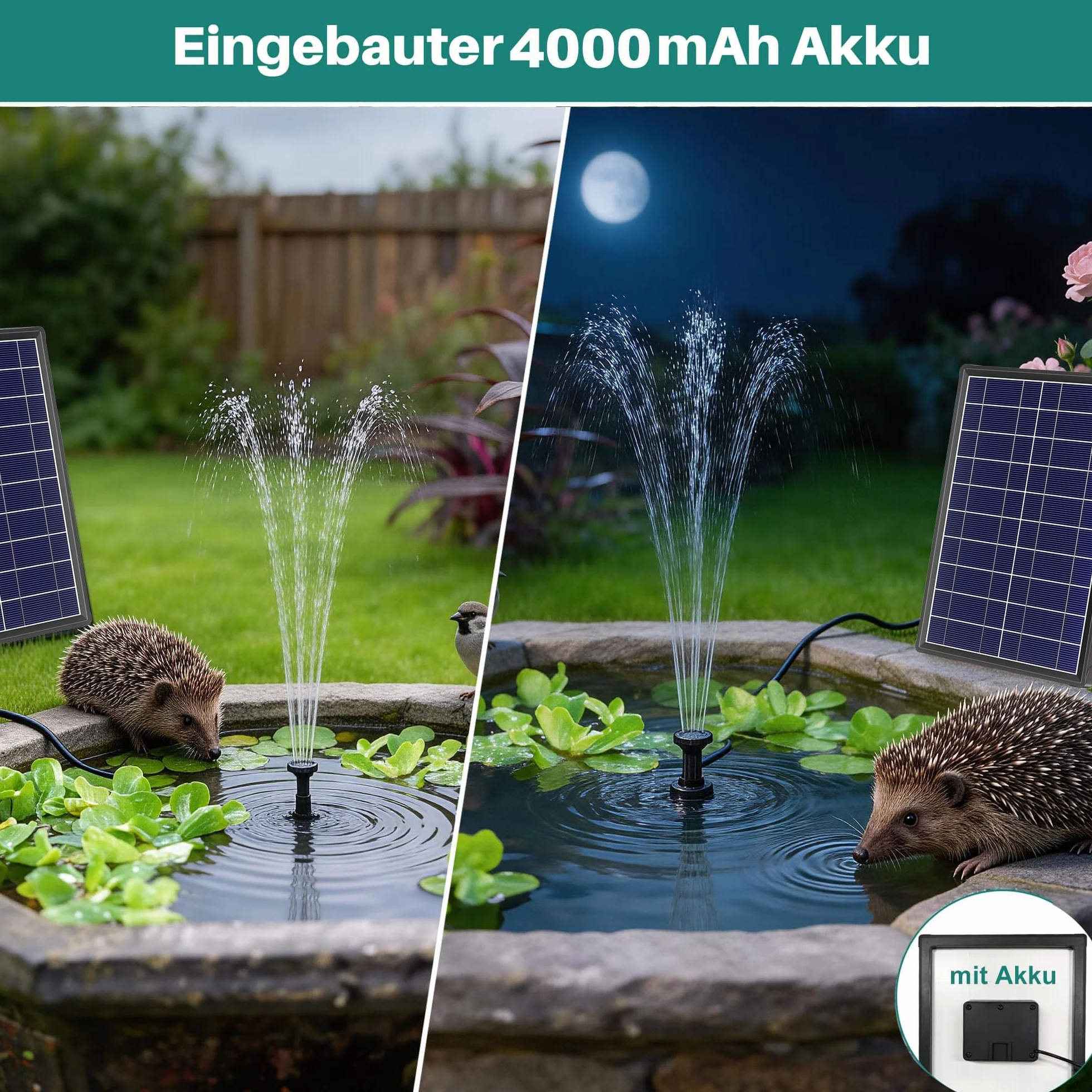 Pompe Solaire Bassin 7.5W avec Batterie, Fontaine Solaire Extérieur 10 Buses, Pompe à Eau Silencieuse pour Bain d'oiseaux