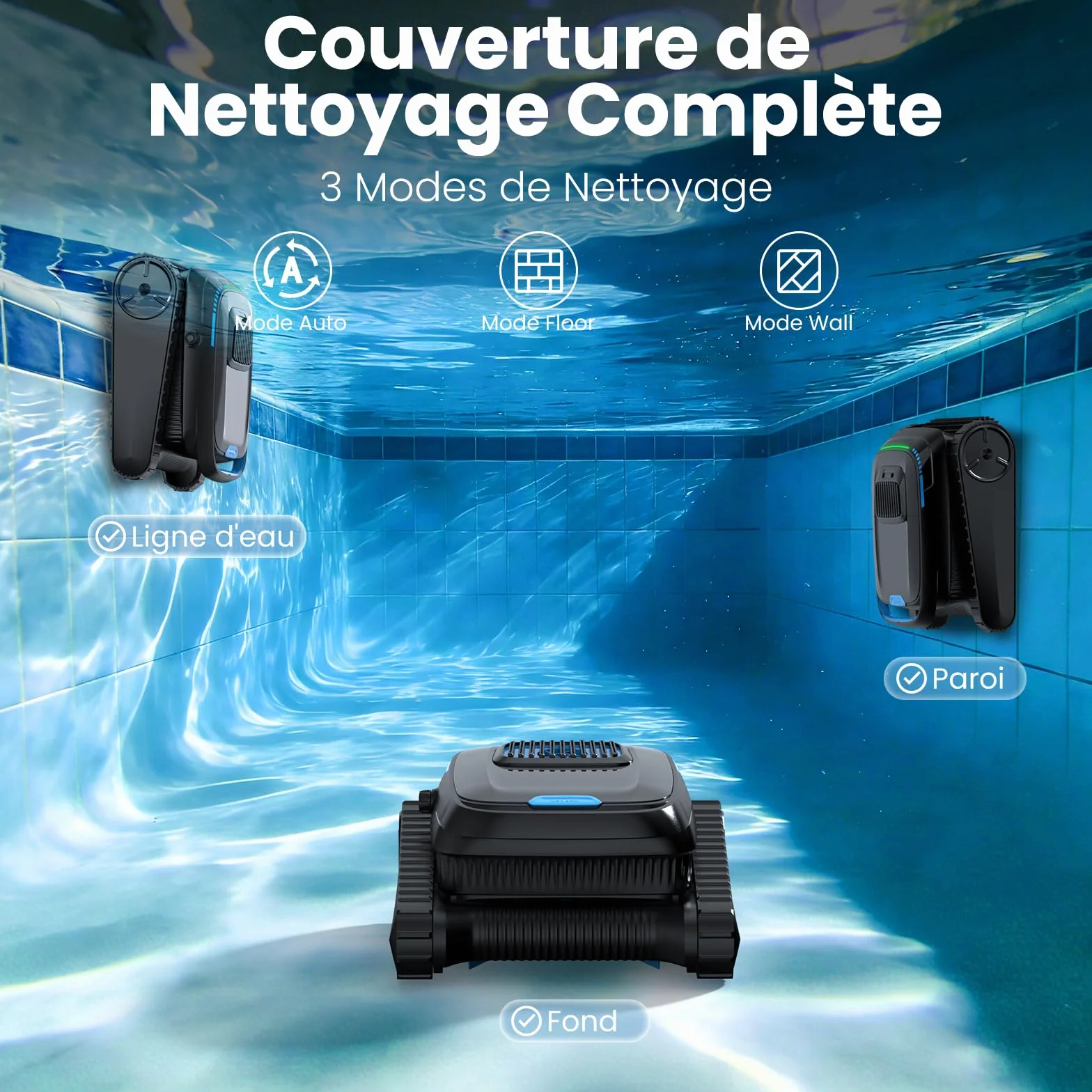 Robot de piscine Sol et Mur sans fil 18927 L/H Nettoyeur pour piscines jusqu'à 170㎡