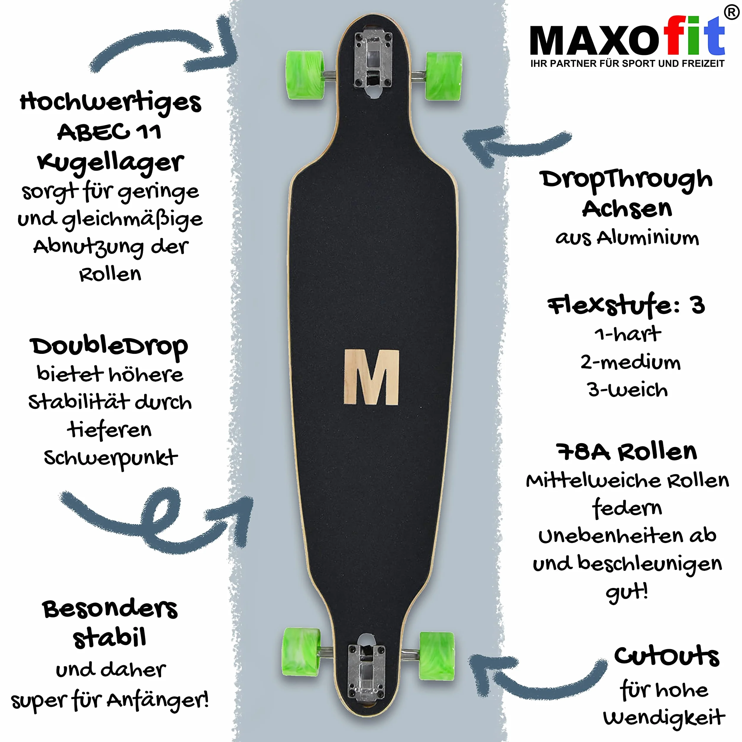 Maxofit Longboard dans différents Designs avec Planches en érable/Bambou de qualité supérieure pour débutants et confirmés